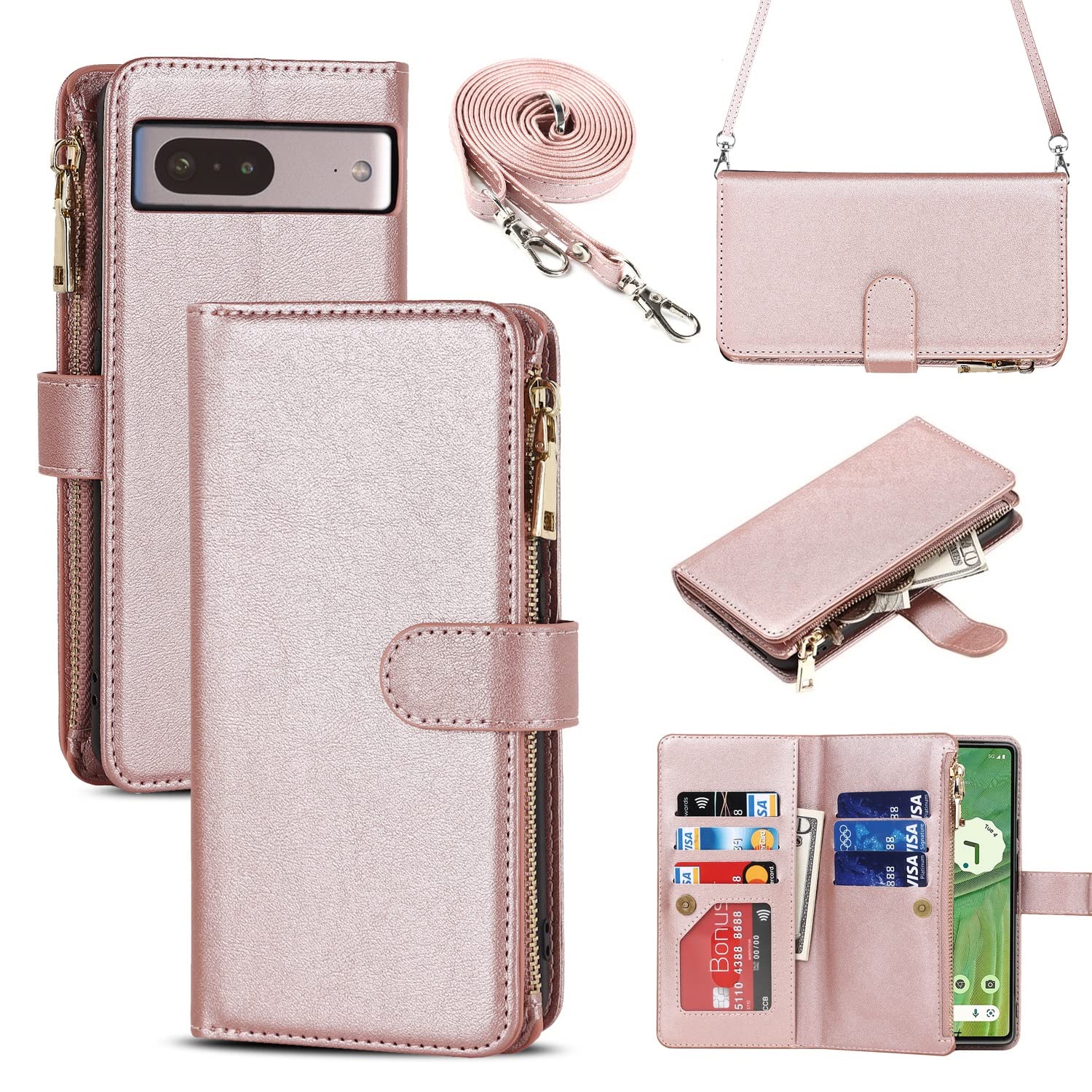 iCoverCase for Google Pixel 7 Wallet Case with Card Holder, Kickstand Feature PU Leather Case with Adjustable Crossbody Lanyard Magnetic Clasp Zipper Pocket Flip Cover (Rose Gold)