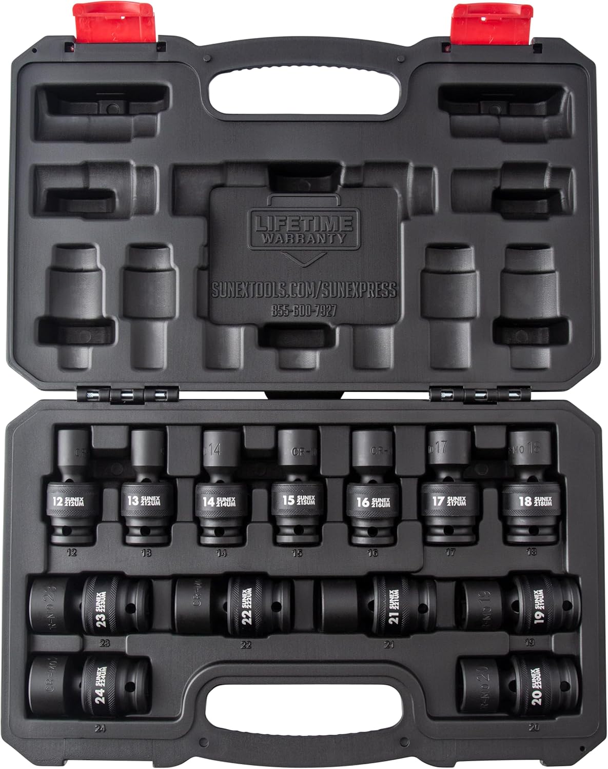 SUNEX TOOLS 2665, 1/2 Inch Drive Universal Impact Socket Set, 13-Piece, Metric, 12mm - 24mm, Cr-Mo Alloy Steel, Radius Corner Design, Heavy Duty Storage Case
