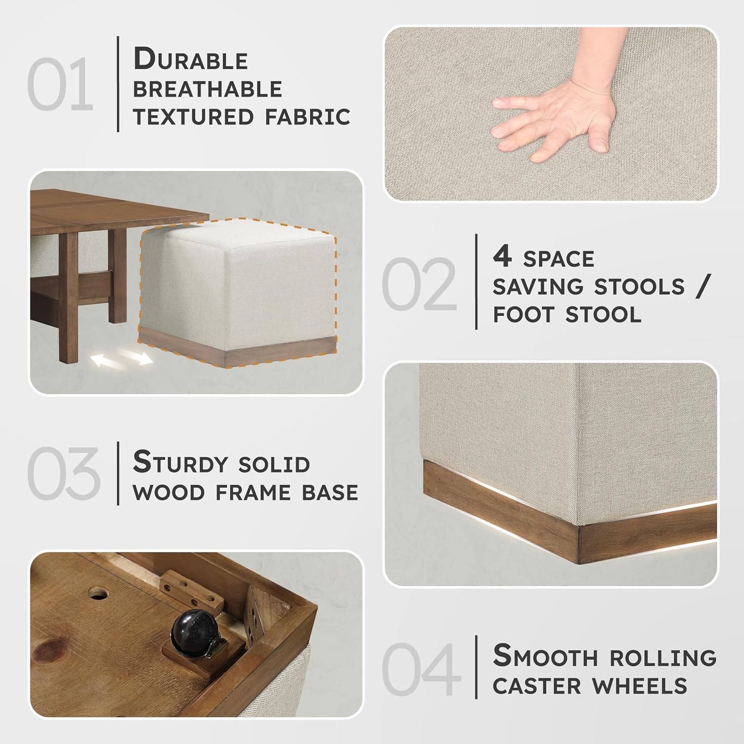 Lexicon 44" Square Coffee Table with 4 Upholstered Stools, Maple Veneer Wood Cocktail Table, Gray Upholstered Stools with Casters, Modern Living Room/Apartment Centerpiece, Full Assembled, Brown