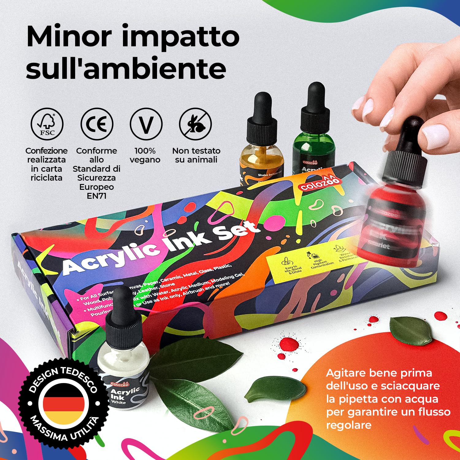 Colozoo Set di Inchiostri Acrilici 8x20ml, permanenti e impermeabili, 6 colori primari e 2 neon, pittura liquida per aerografo, pouring, medium acrilico, per tutte le superfici