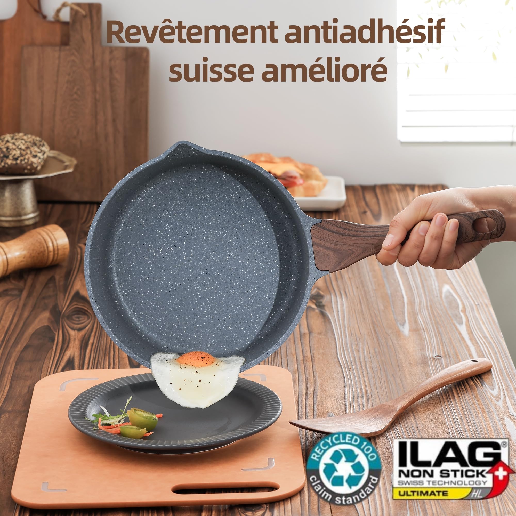 SENSARTE Casserole Induction 22 cm 3L Antiadhésive, Revêtement Granit, Couvercle Verre, 2 Becs Verseurs, Poignée Ergonomique, Compatible Tous Feux et Lave-Vaisselle