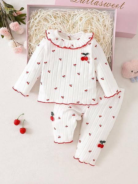 Baby Girls Cherry Print Ruffle Collar Long Sleeve Ribbed Top and Pants Set - 1