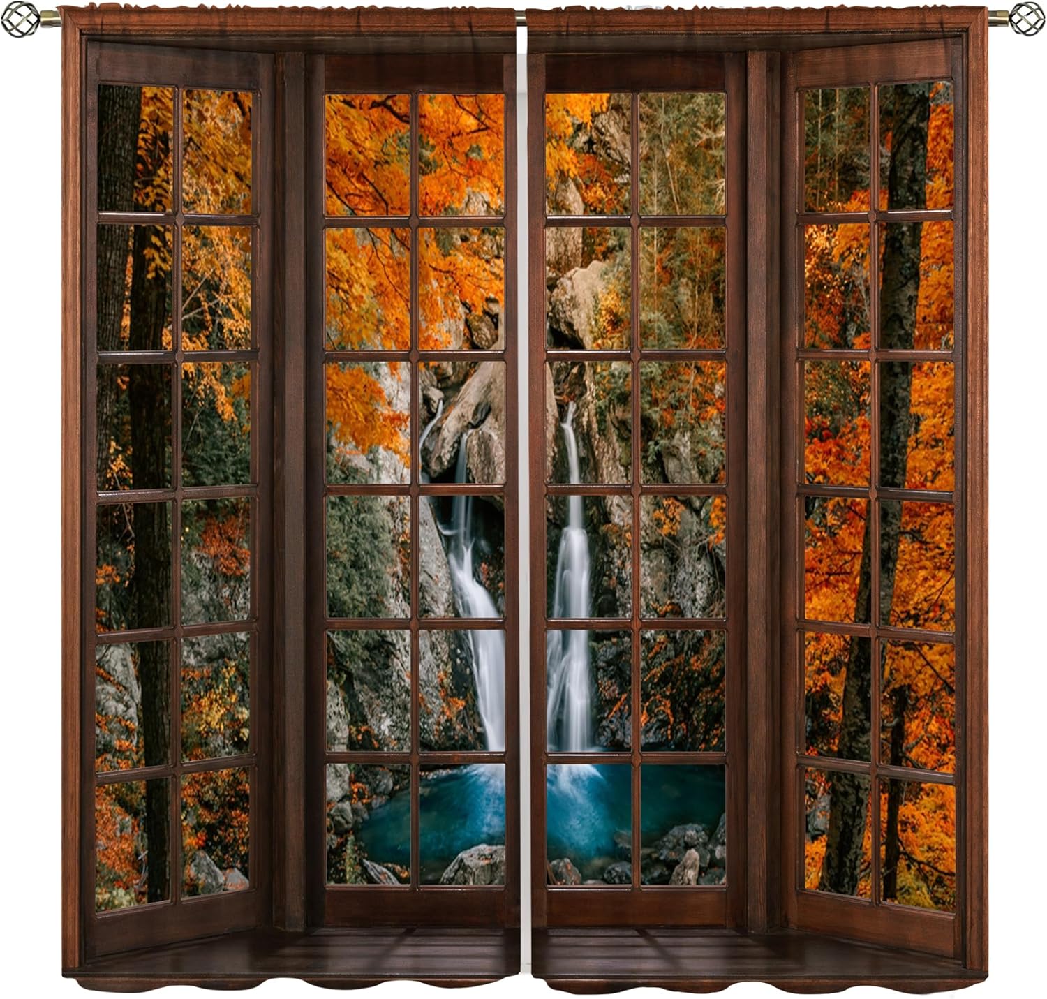 Waterfall Landscape Curtains, Autumn Harvest Fall Farm Maple Leaf Scenery Window Treatments for Living Room Kitchen Bedroom Home Drapes, 42x45 Inch, 2 Panels