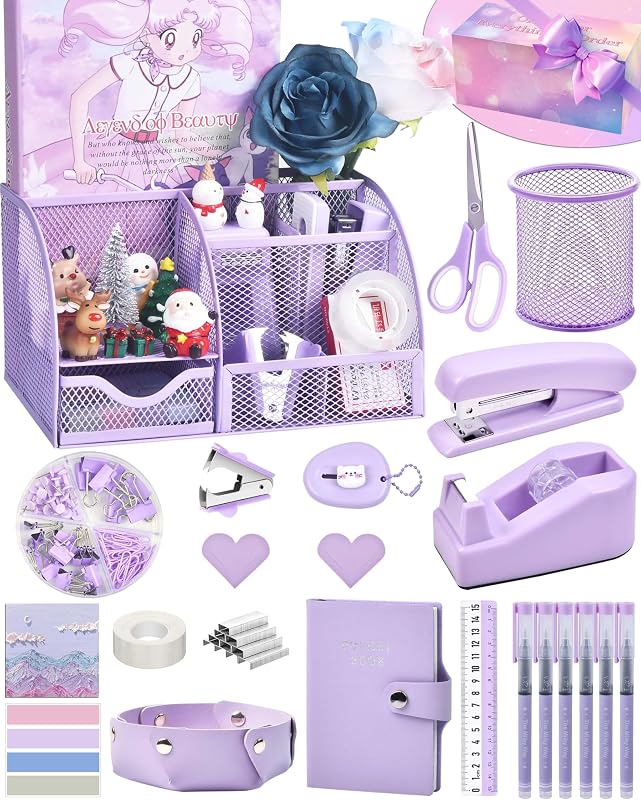 LXEVIHK Purple Desk Accessories 23-Piece Office Supplies Gift Set for Women