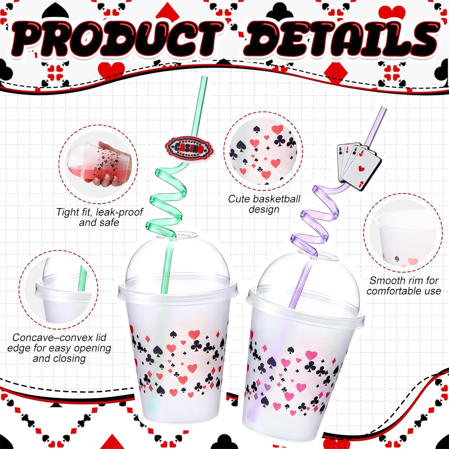 32 Set Casino Party Plastic Cups with Lids and Straws, 12 oz Frosted Drinking Poker Cups Bulk Las Vegas Tailgate Decorations for Casino Night Las Vegas Poker Game Party Supplies