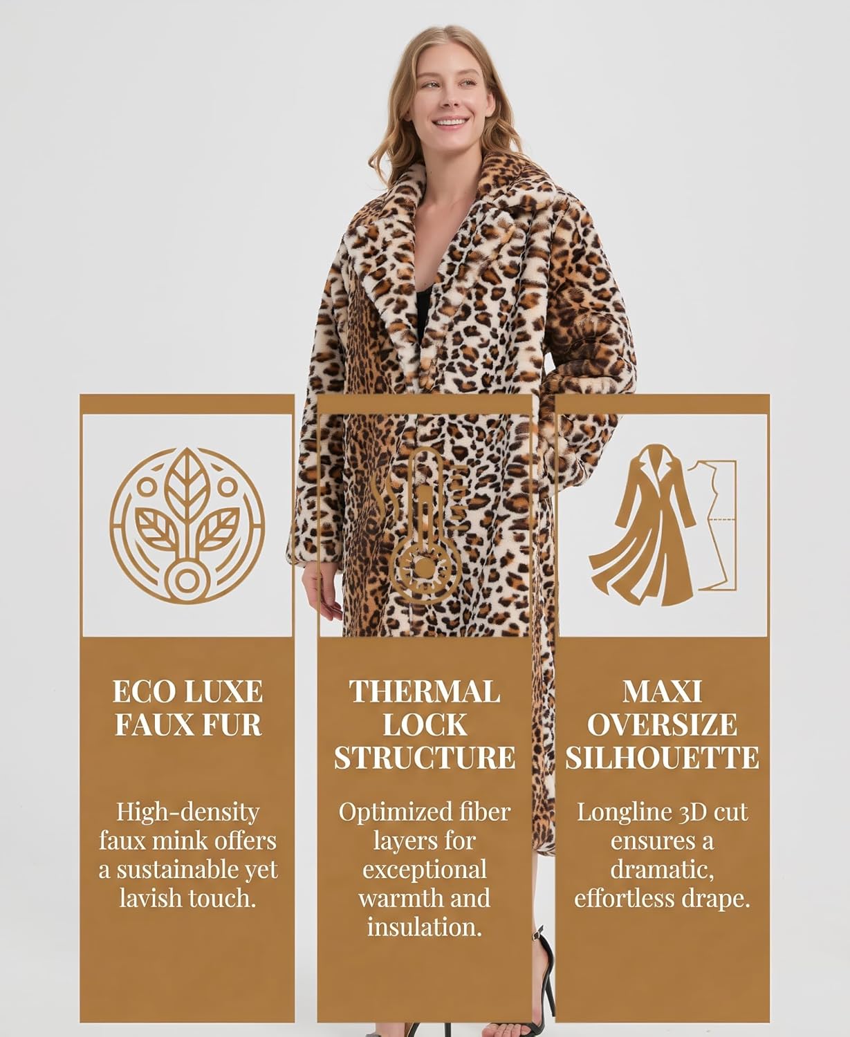 DJBM Women's Sexy Elegant Vintage Leopard Print Lapel Faux Fur Long Maxi Coat Jacket - Image 2