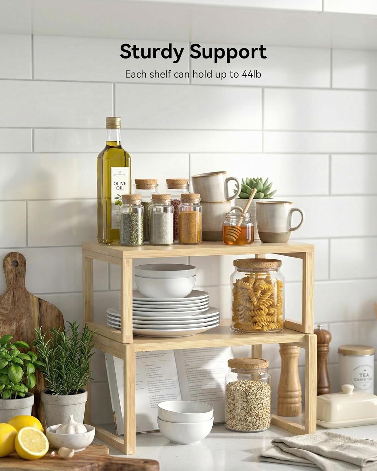 Bamboo Cabinet Organizer Shelf, Stackable Kitchen Counter Shelf Organizer for Cabinet, Pantry & Countertop, Expandable Wood Spice Rack Storage for Kitchen and Bathroom 2 Pack