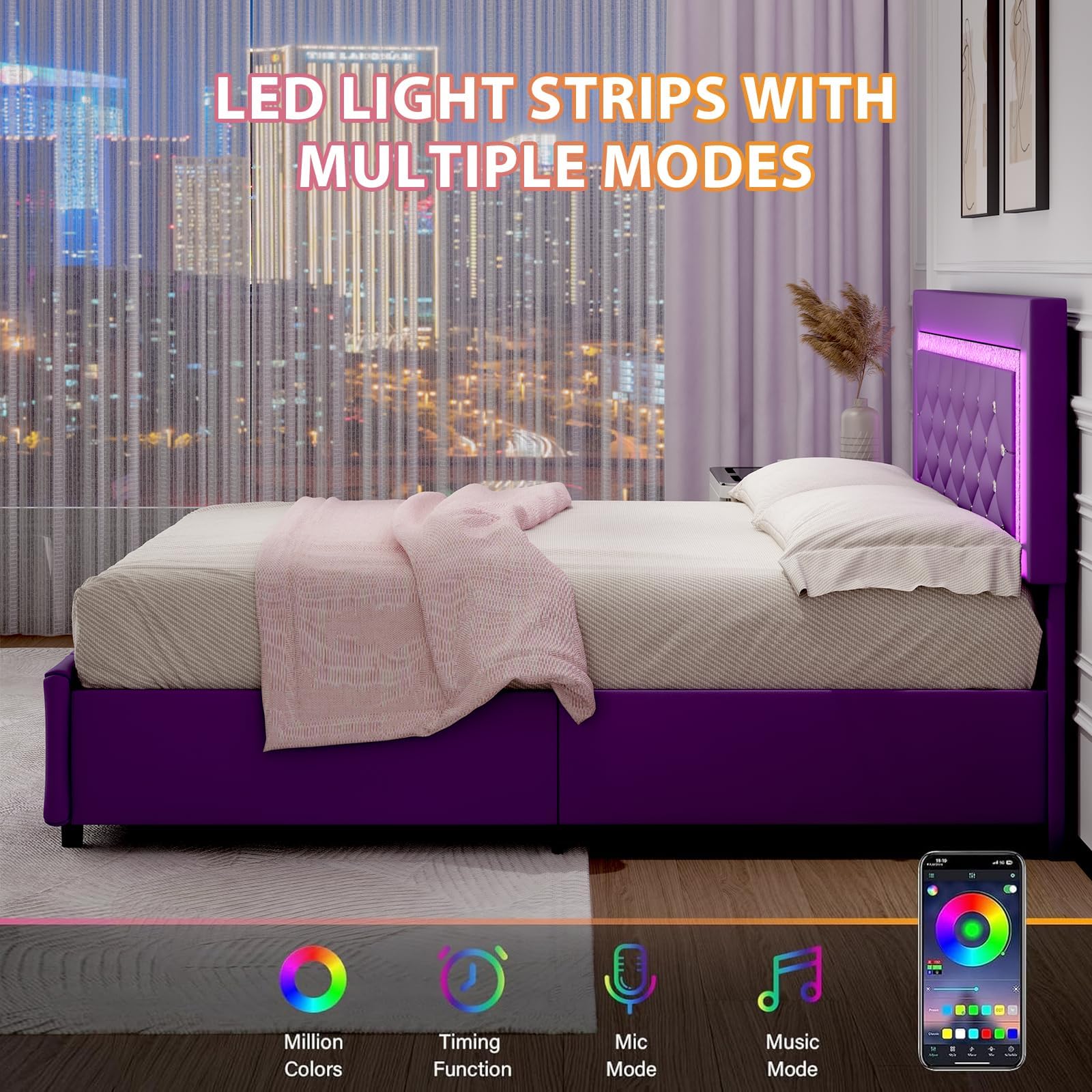 BarnFurin Full Size Bed Frame with Headboard, Faux Leather Upholstered Bed with Diamond Tufted Design, Mordern Bed Frame with Wooden Slats Suppor, No Box Spring Required, Easy Assembly, Purple