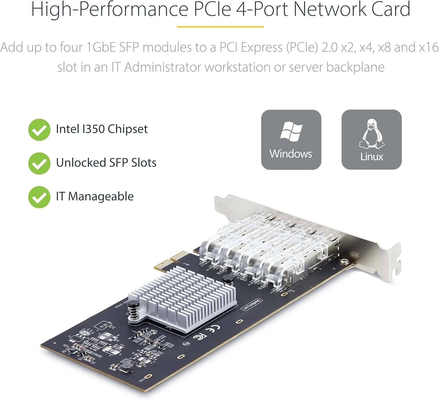 StarTech.com 4-Port GbE SFP Network Card, PCIe 2.0 x2 (x4, x8, x16 Compatible), Intel I350-AM4, Quad-Port Gbit Ethernet NIC - Image 2