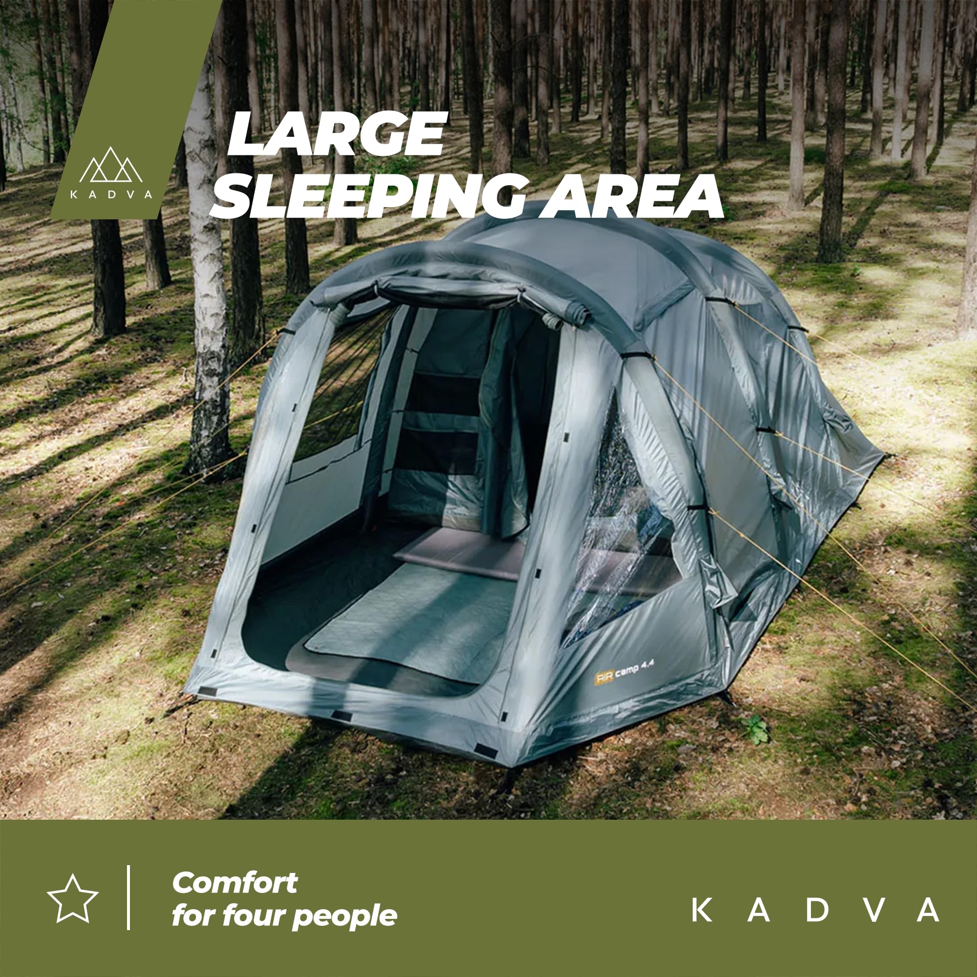 KADVA Namiot Kempingowy AIRcamp 4. 4 Osobowy z Pompką Konstrukcja Tunelowa 440 x 180 x 140 cm Wodoodporność 3000 mm Przestronność Daszek nad Wejściem Duża Powierzchnia Spania Kolor Zielony