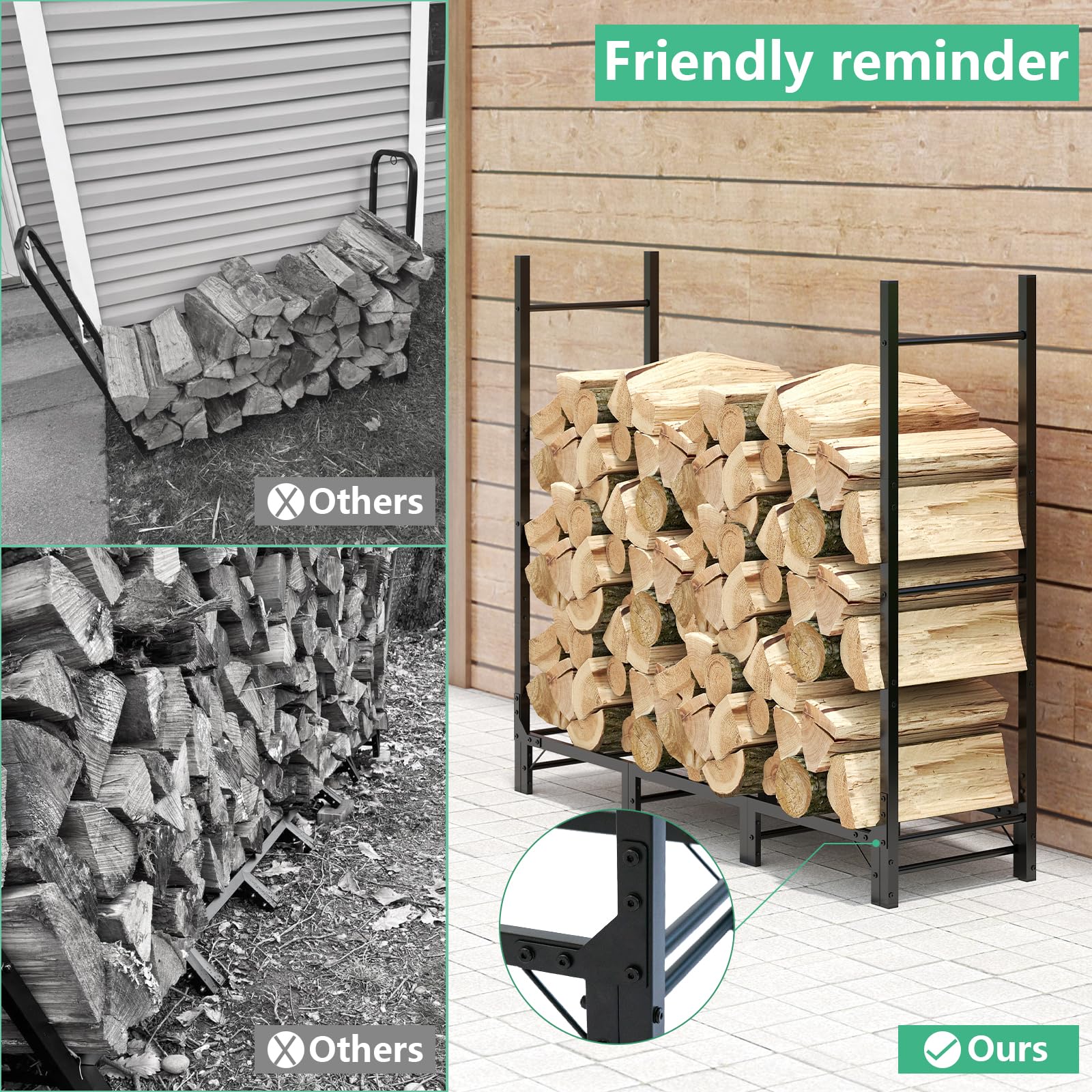 Helios&Hestia 1.24m Outdoor Firewood Rack for Fireplace Heavy Duty Steel Log Holder, Indoor Wood Pile Storage Organizer - Image 3