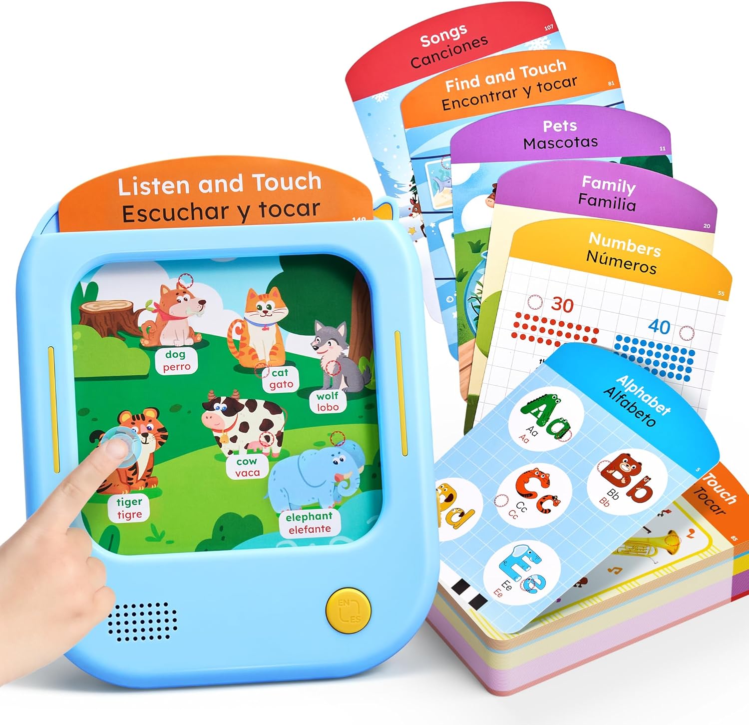 JoyCat Bilingual Kids Learning Tablet, 106 Pages Spanish & English Talking Cards with 20 Interactive Games, Montessori Toy for Alphabet, Words, Numbers, Colors & Songs, Learning Gifts for Toddler 2-6