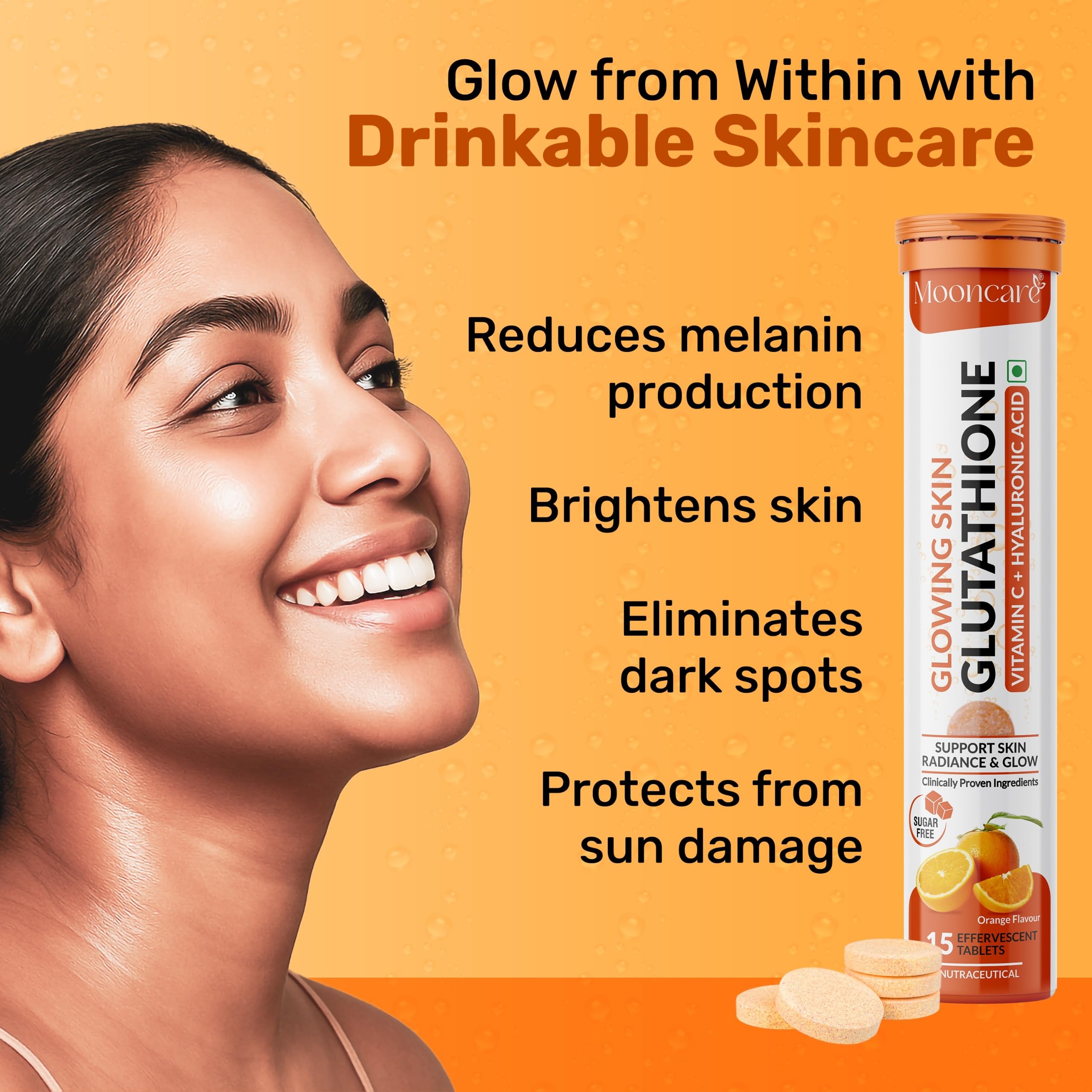 glutathione reduces melanin production Mooncare Tablets for Glowing Skin | 60 Effervescent Tablets antioxidant support supplement