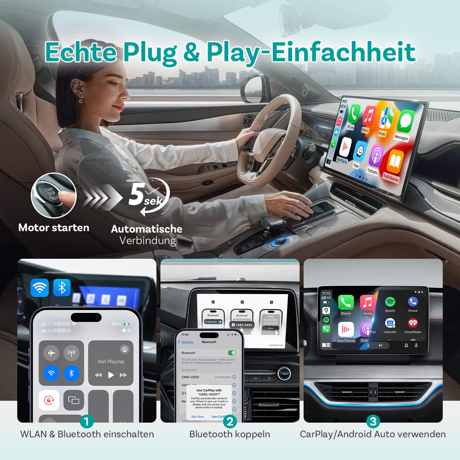 (2026 Neu) OTTOCAST 2-in-1 Wireless CarPlay & Android Auto Adapter, Ottocast Mini Pico mit EIN-Knopf-Trennung, WiFi 6, Bluetooth 5.4, Plug & Play für Fahrzeuge mit werkseitigem CarPlay/Android Auto