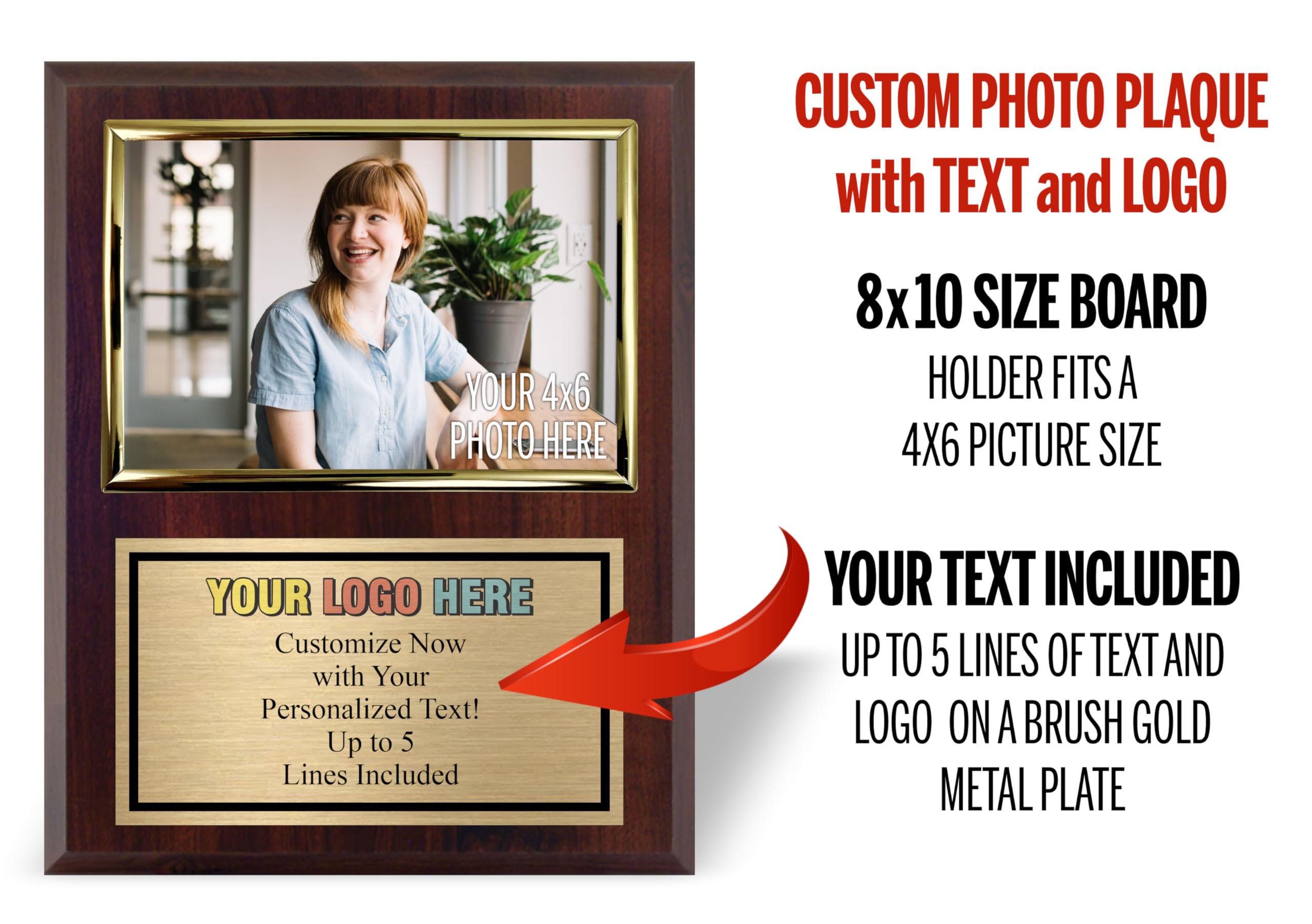 Custom Plaque with Photo and Logo | 8x10 Award Plaques Personalized with Your Text | Employee of The Month Plaque Awards | Add Your Photo to Frame (8x10 with 4x6 Photo Frame - Logo on Top)