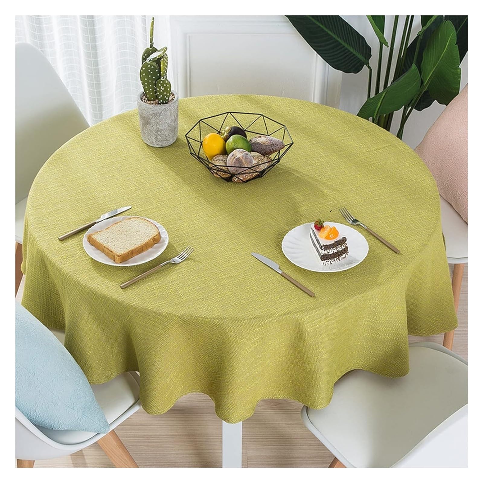 Nappe ronde jaune de 260cm en coton et lin pour la décoration de la cuisine ou du salon