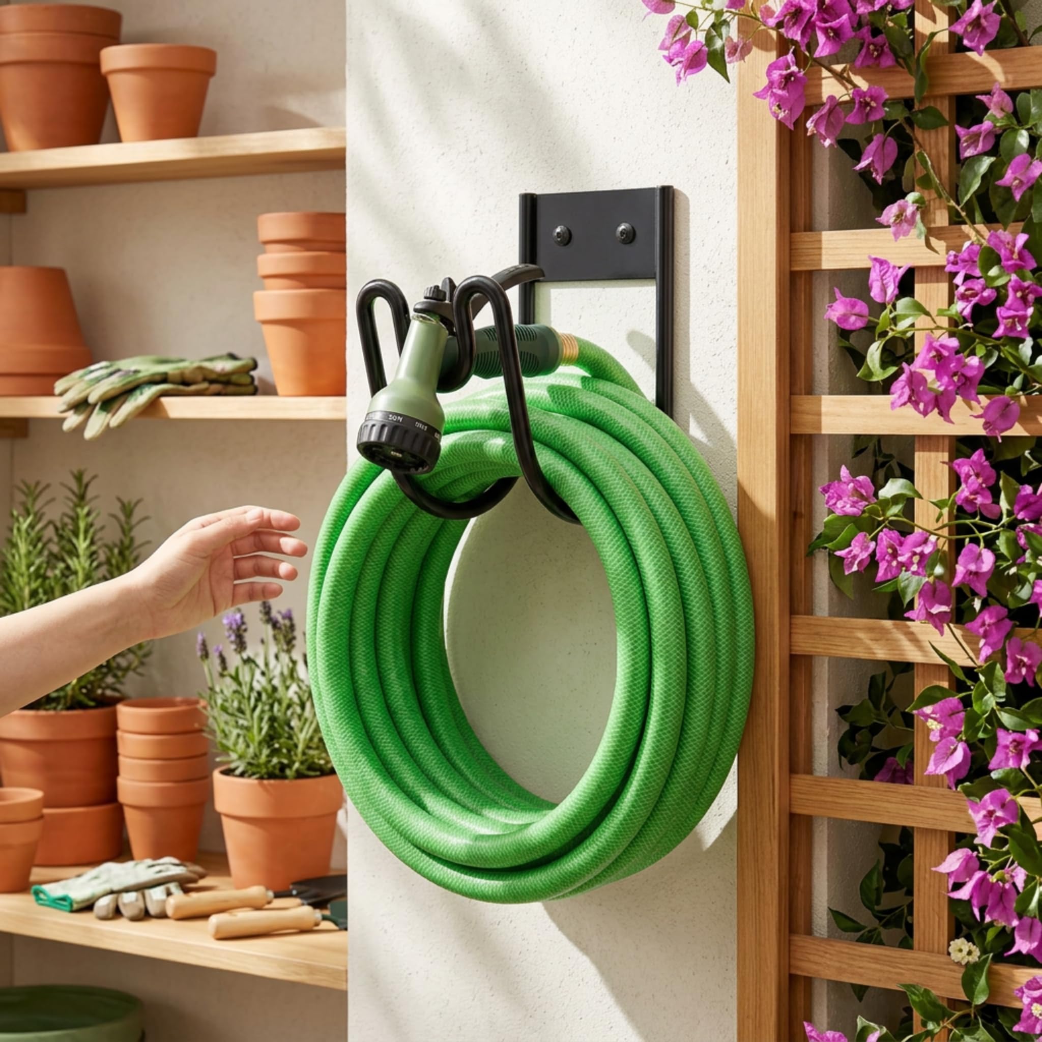 Garden Hose Holder Wall Mounted Metal Hose Pipe Hanger with Fittings - Metal Hosepipe Holder for Wall Storage - Outdoor Mounted Garden Hosepipe Hook with Fittings (Black) — view 6