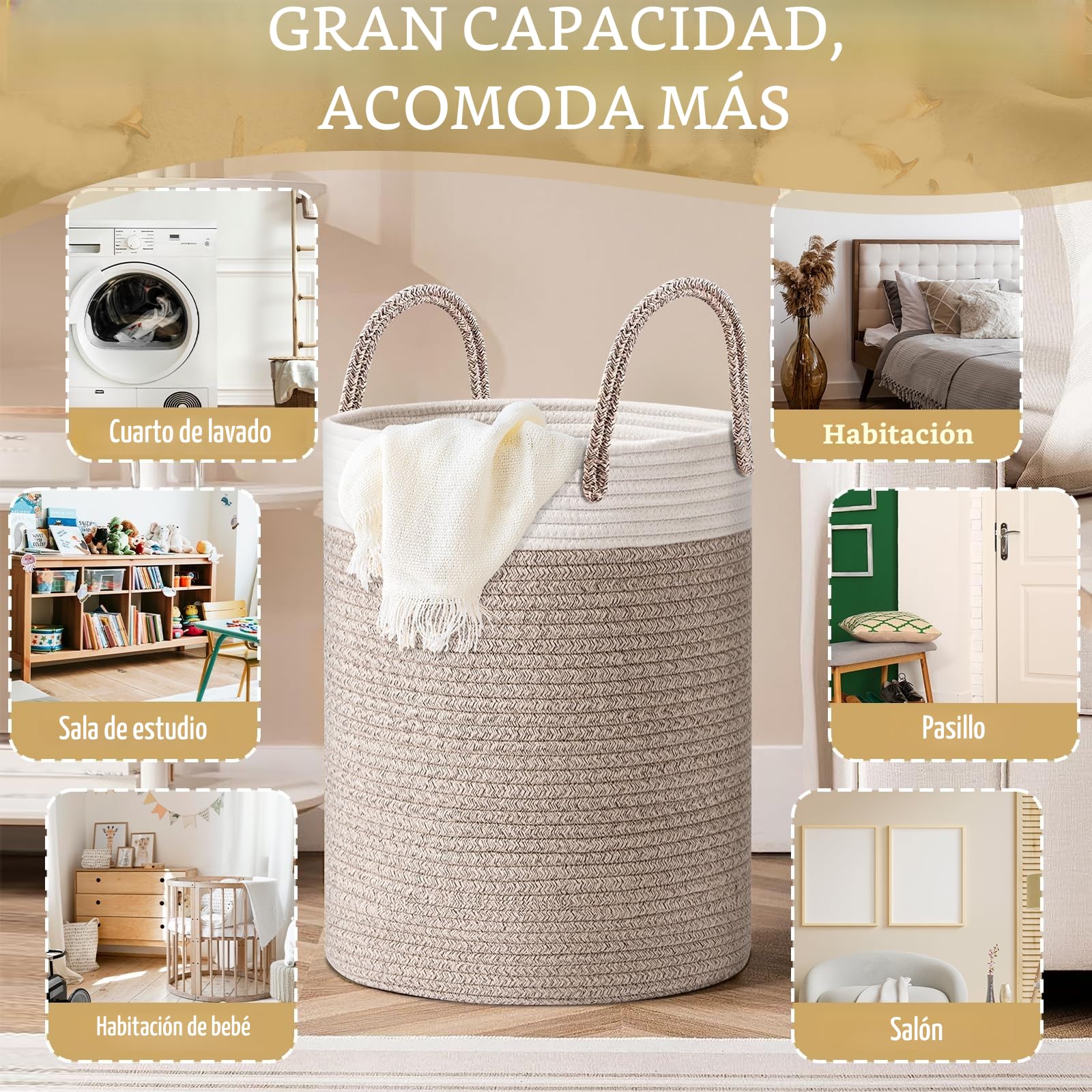 ZLPBAO XXL Cesto Ropa Sucia Trenzado de Algodón con Asa, 40L Cubo Ropa Sucia para Lavadero Habitación Infantil Salon Baño, Decorativas Cesta Para la Ropa Sucia para Almacenamiento