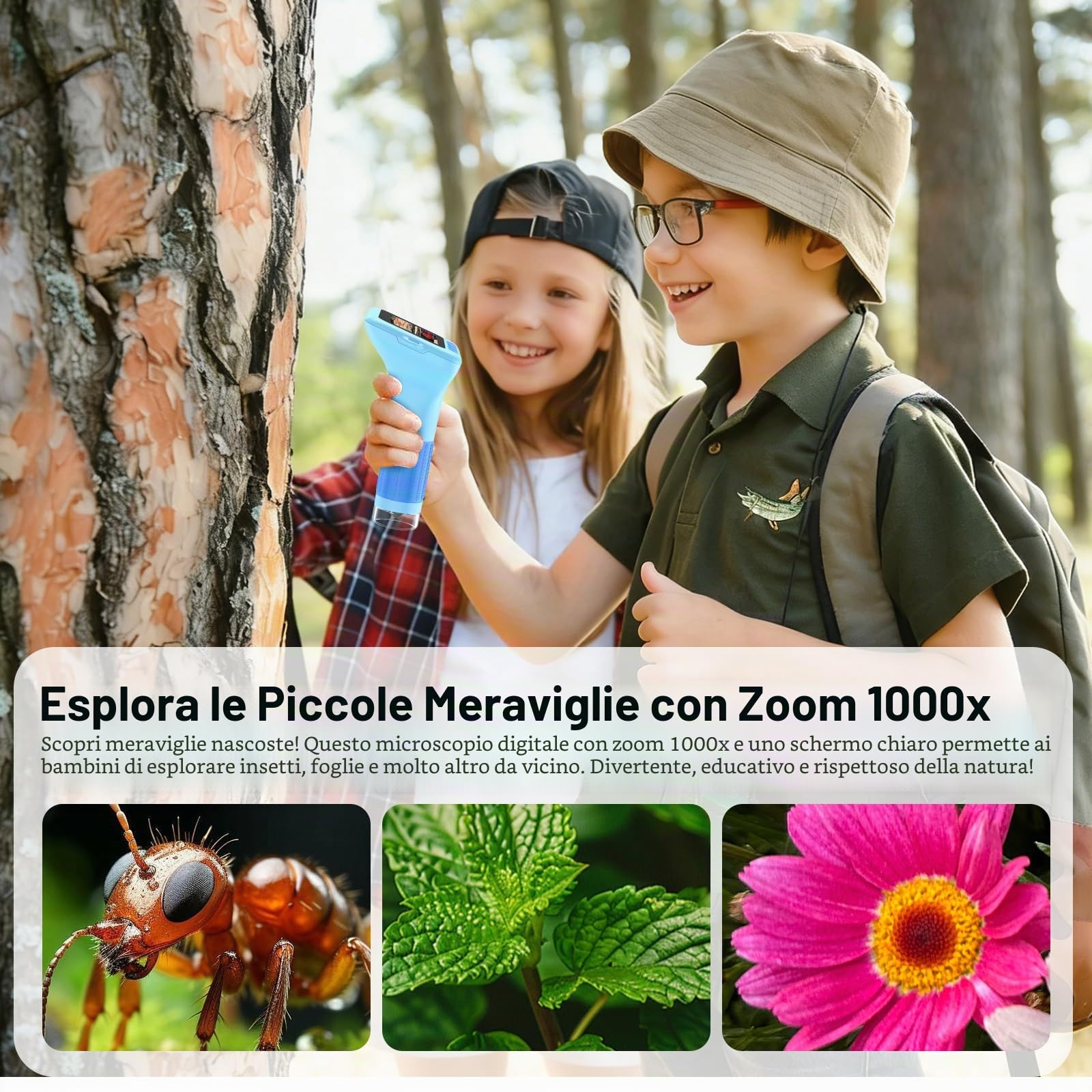 Microscopio portatile digitale per bambini: schermo HD 3 pollici 32GB 1000X magnifica fotocamera registrazione video kit educativo