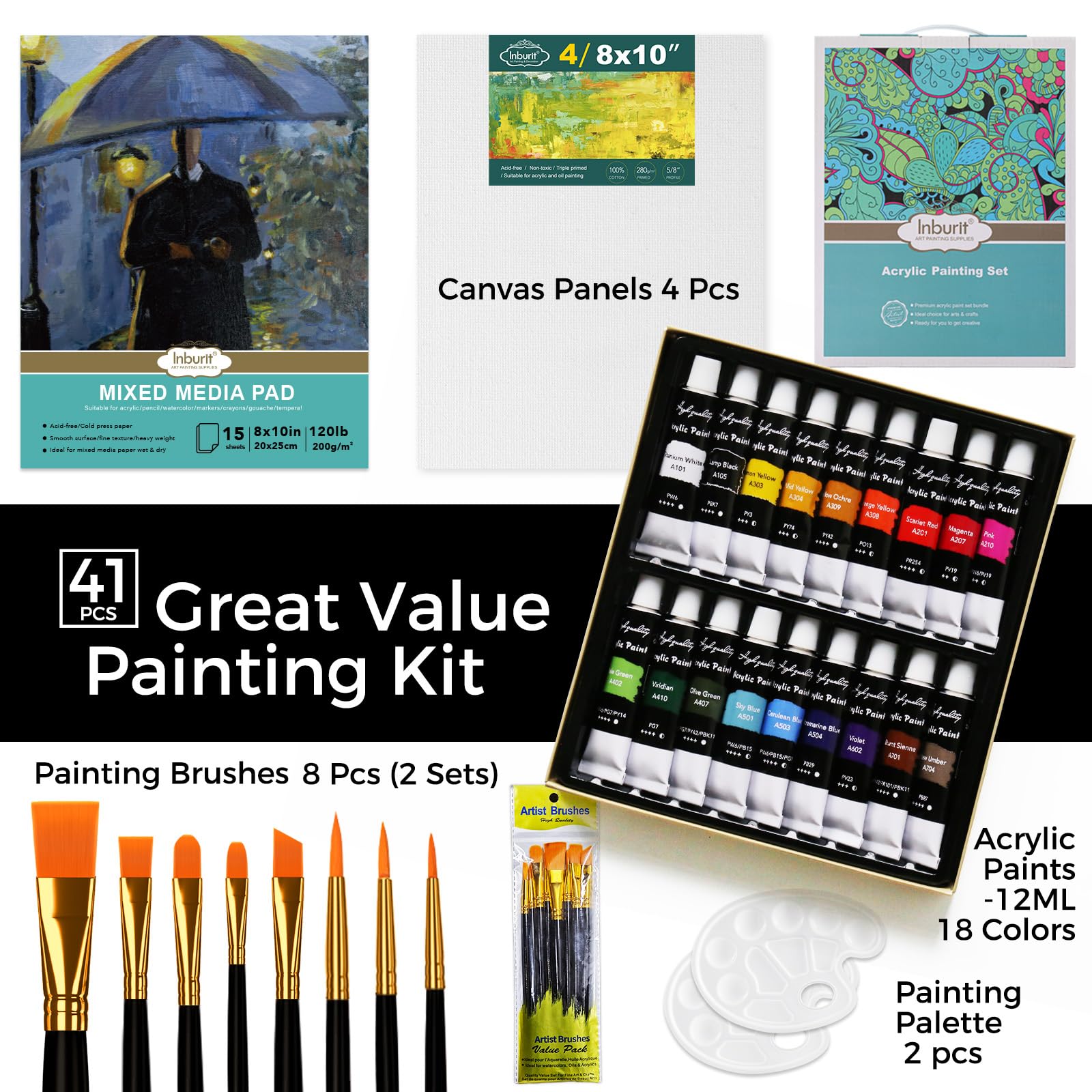 Juego de pinturas acrílicas, juego de 41 piezas con 18 tubos de pinturas acrílicas, 4 lienzos, 1 libro acrílico, 2 x 8 pinceles de pintura, 2 paletas de mezcla, suministros de arte para adultos, niños