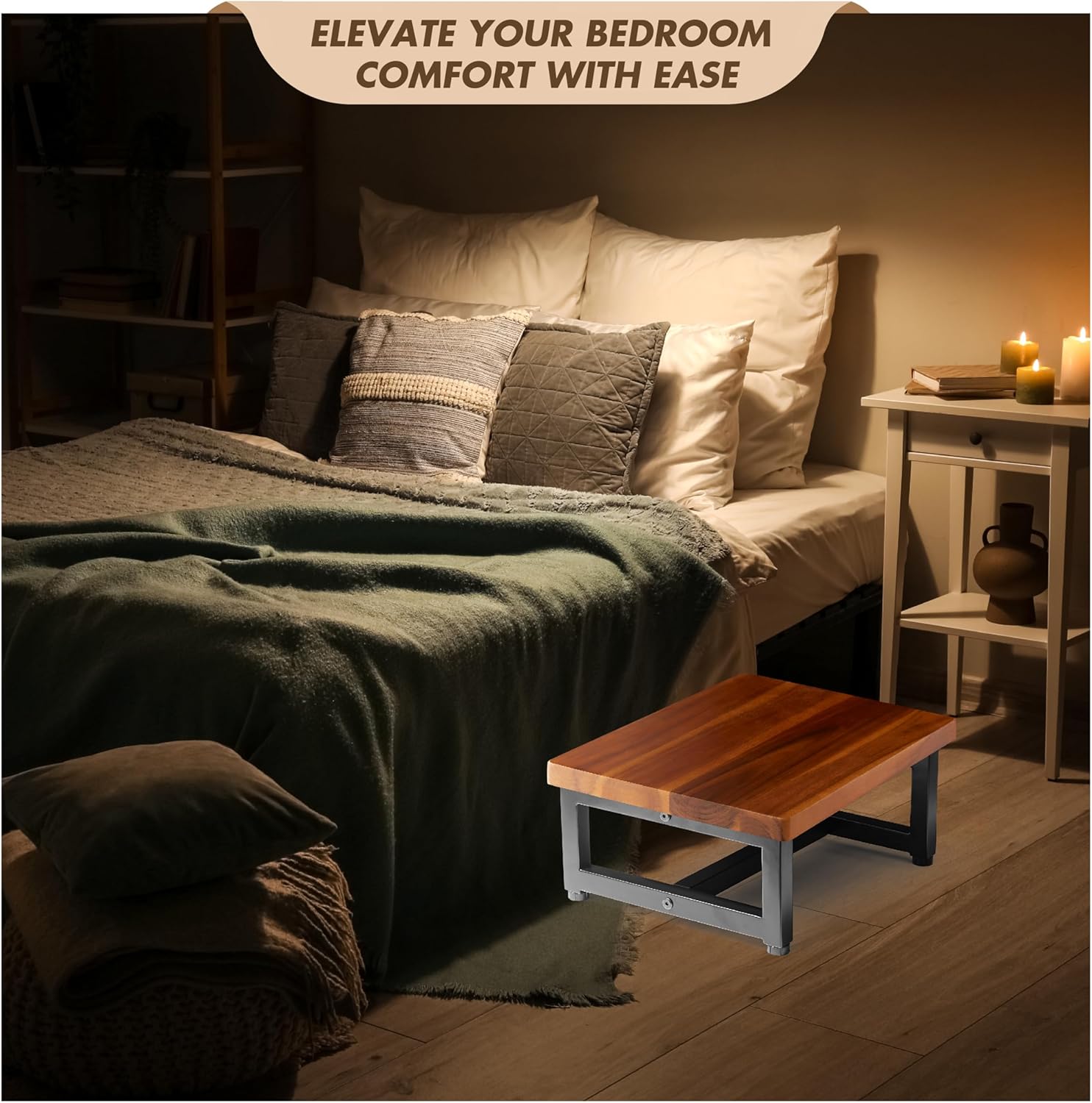 Wooden One Step Stool, Heavy Duty Step Stool for Adults & Kids, Supports up to 500lbs for Kitchen, Bathroom or Bedside Use (Acacia Wood)