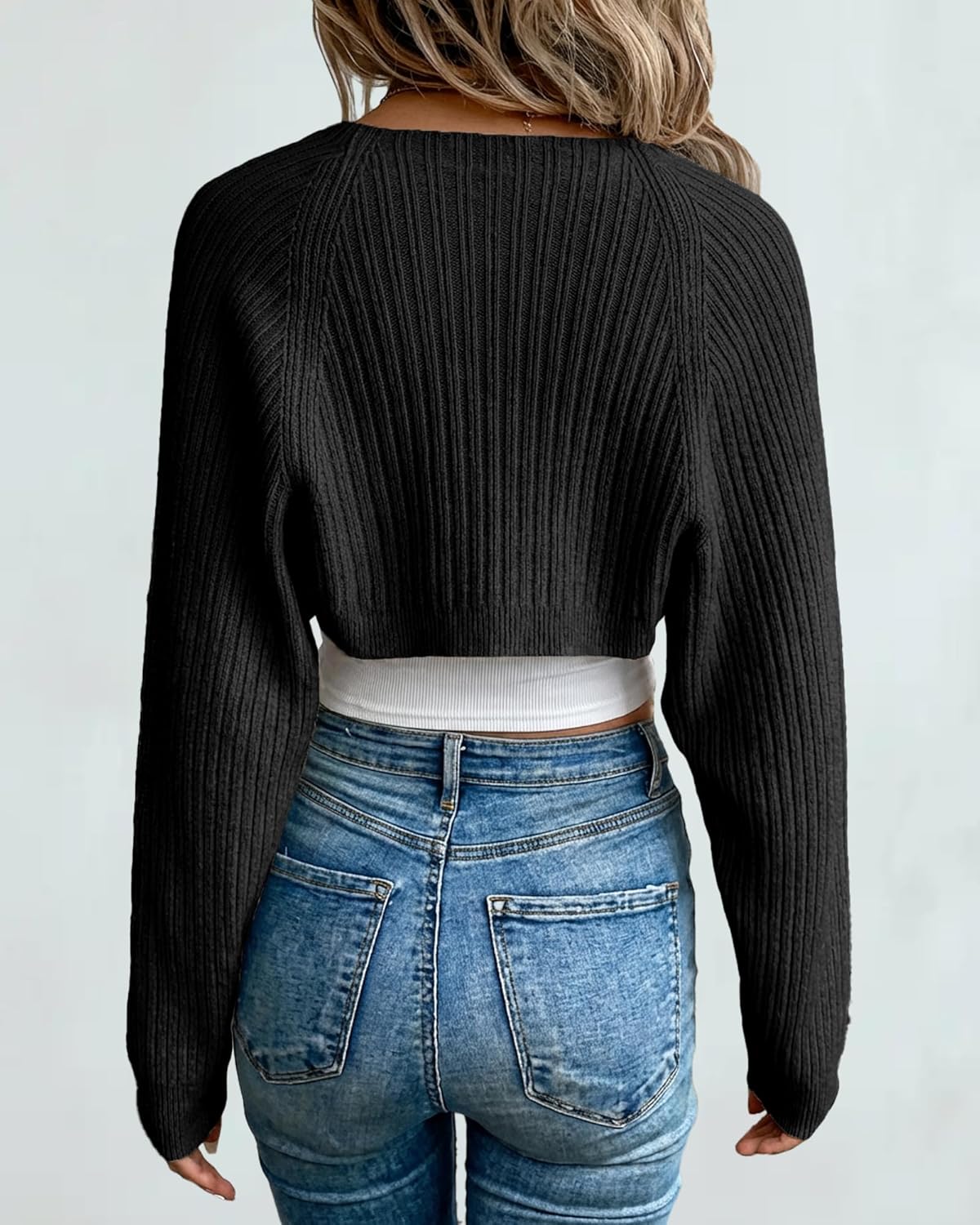 Womens Y2K Open Front Bolero Shrug Cropped Sweater Cardigans Loose Puff Long Sleeve Crop Ribbed Knit Tops - Image 5