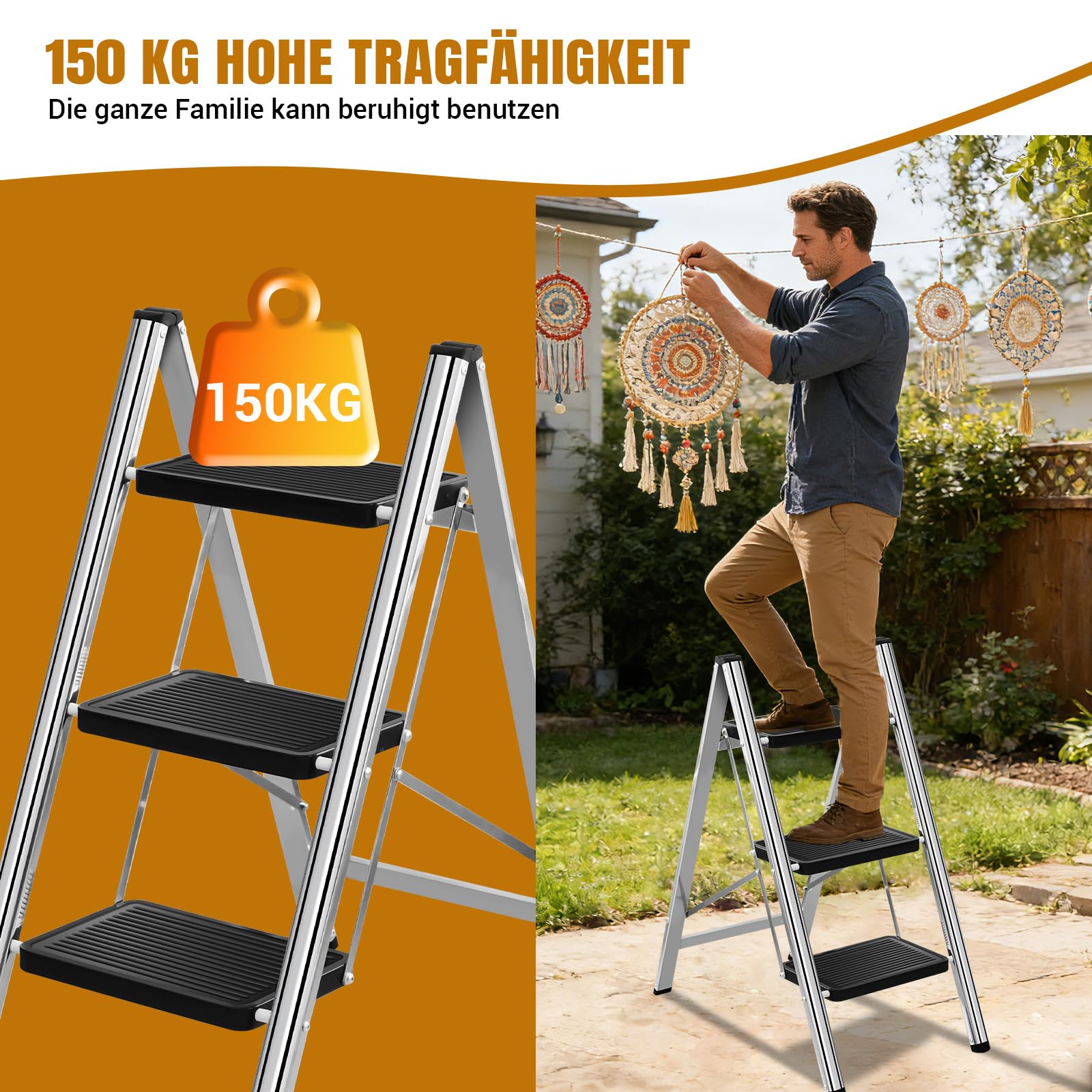 Escalera de 3 peldaños plegable con amplia plataforma antideslizante, escalera de acero inoxidable ligera con capacidad de carga de 150 kg, diseño plegable compacto para el hogar, cocina, autocaravana