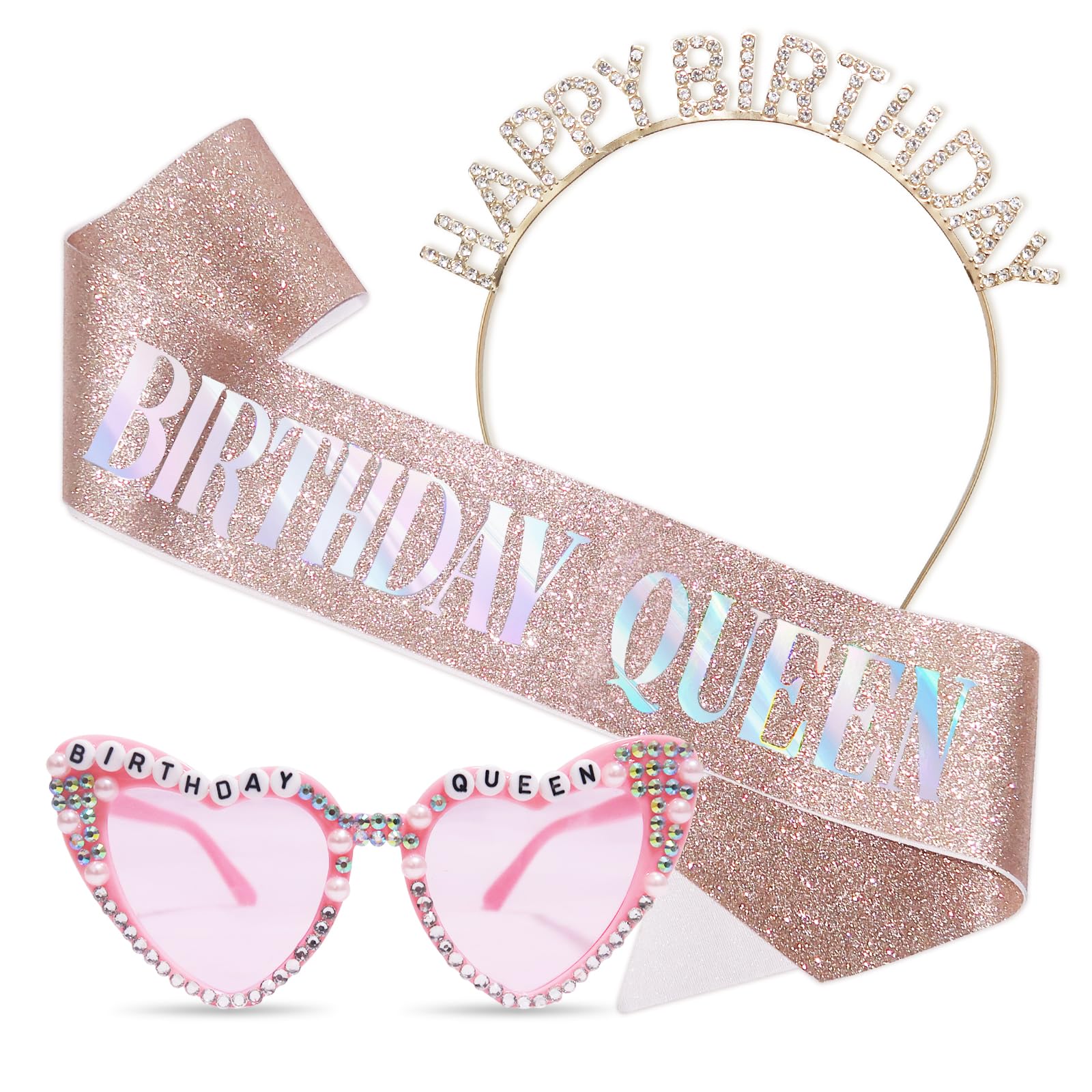 Stiedey Birthday Queen Accessories Kit, Birthday Glitter Pink Sash with Heart Pearl Sunglasses and Sparkling Crystal Headband, Happy Birthday Party Accessories for Girl Women Costume (Style-05)