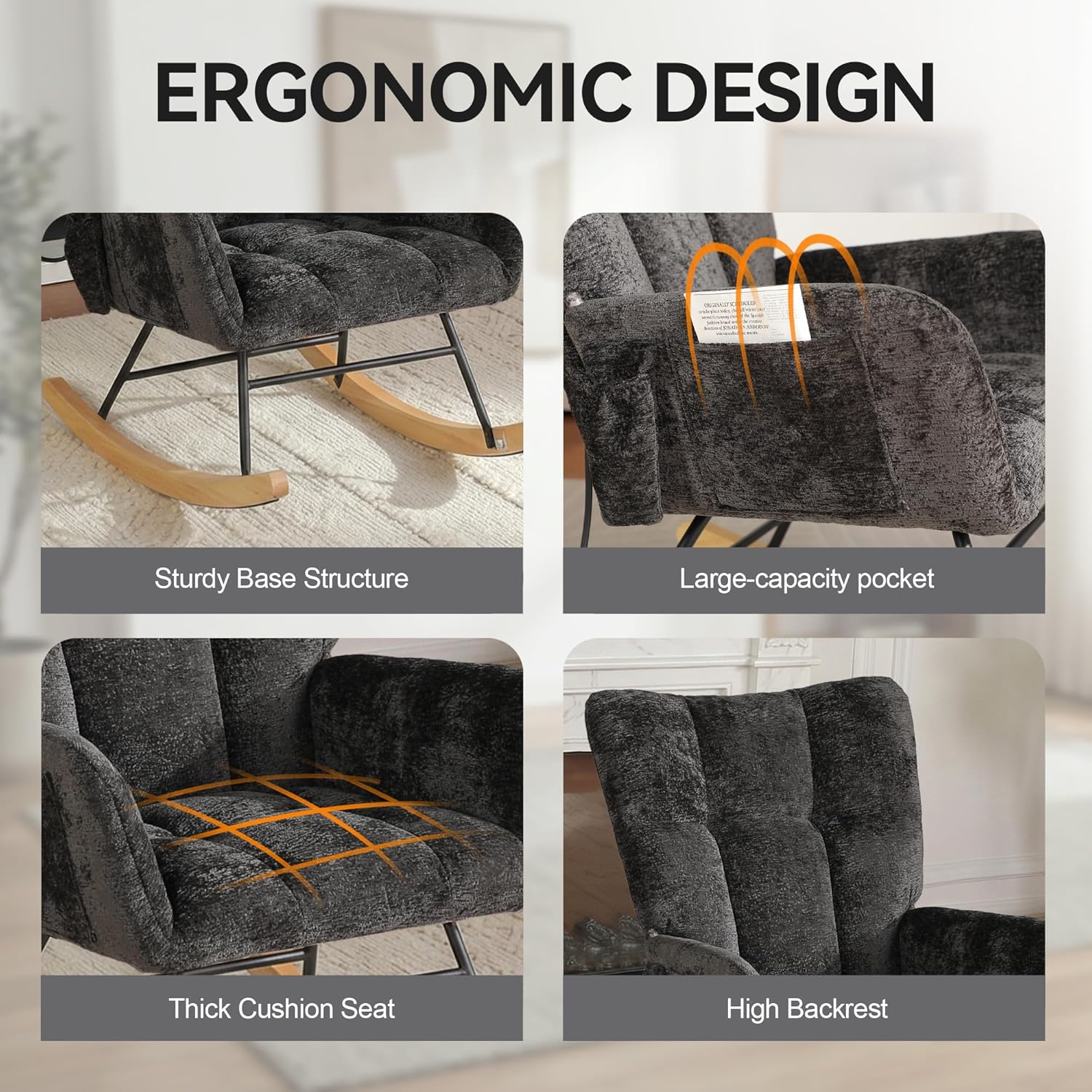 Rocking Chair with Airbag, Comfy Modern Reading & Nursing Nursery Rocking Chair indoor, Cozy Upholstered Glider Rocker Chairs with High Backrest for Living Room Bedroom Offices(Chenille, Black)