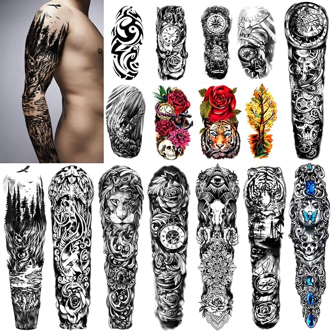 Amazon Com Extra Large Waterproof Temporary Tattoos 8 Sheets Full Arm Fake Tattoos And 8 Sheets Half Arm Tattoo Stickers For Men And Women 22 X7 1 Beauty Personal Care