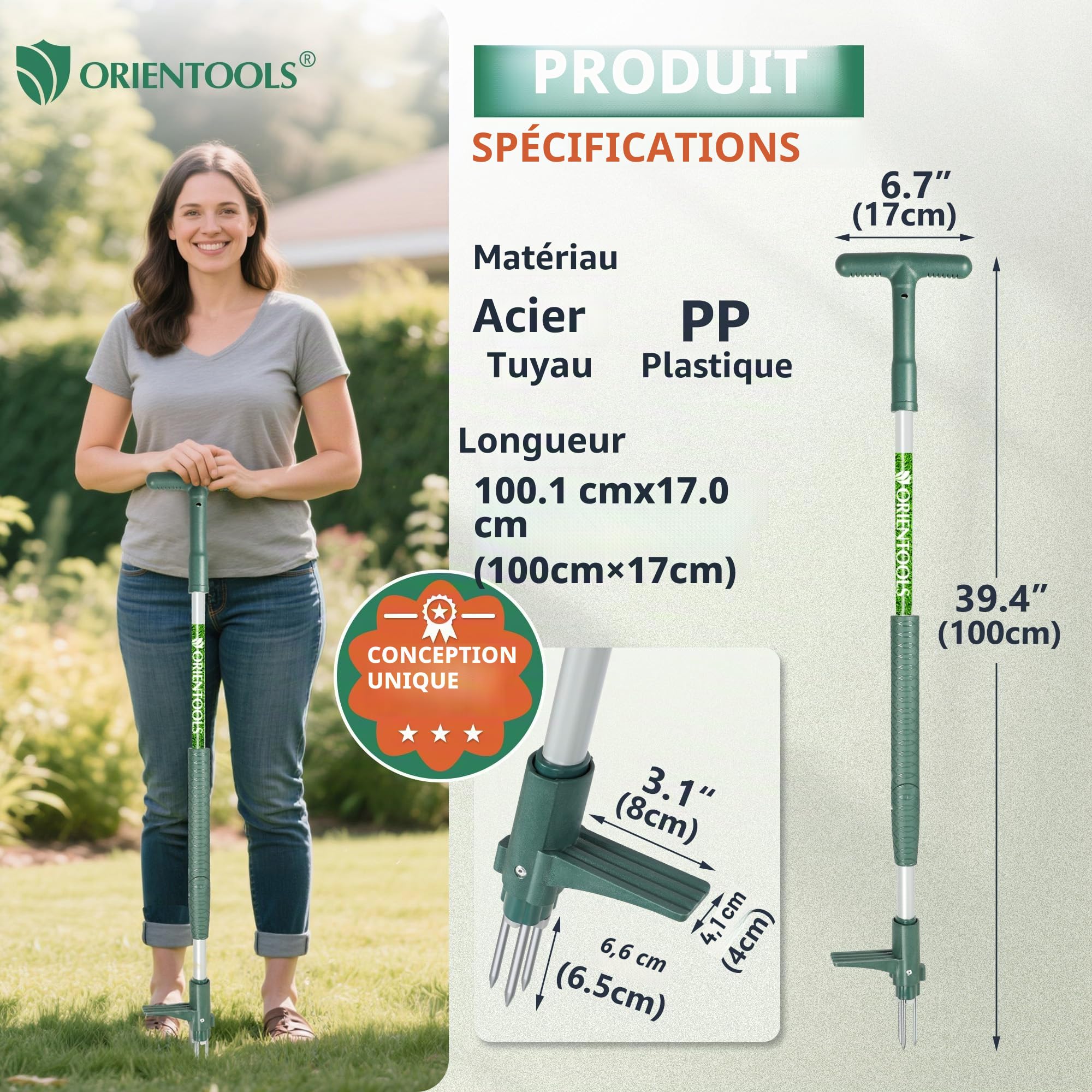 ORIENTOOLS Extracteur de mauvaises herbes avec 3 griffes pour pissenlit, outil de traction de racines en acier, manche de 100,1 cm de long, outil de jardin facile à enlever les racines avec poignée en