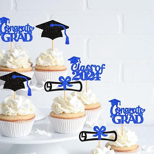 Miniatura 5 de Ercadio Paquete de 24 adornos para cupcakes de graduación 2024 con purpurina azul, para diploma de graduación para la clase de 2024, felicitaciones