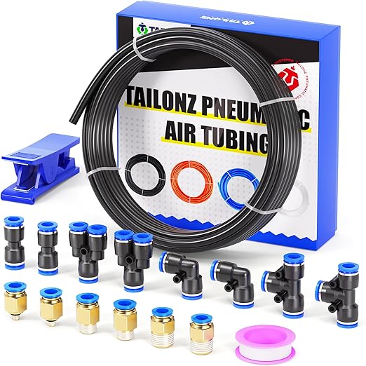 TAILONZ PNEUMATIC Black 6mm OD 4mm ID Polyurethane PU Air Hose Pipe Tube Kit 10 Meter 32.8ft