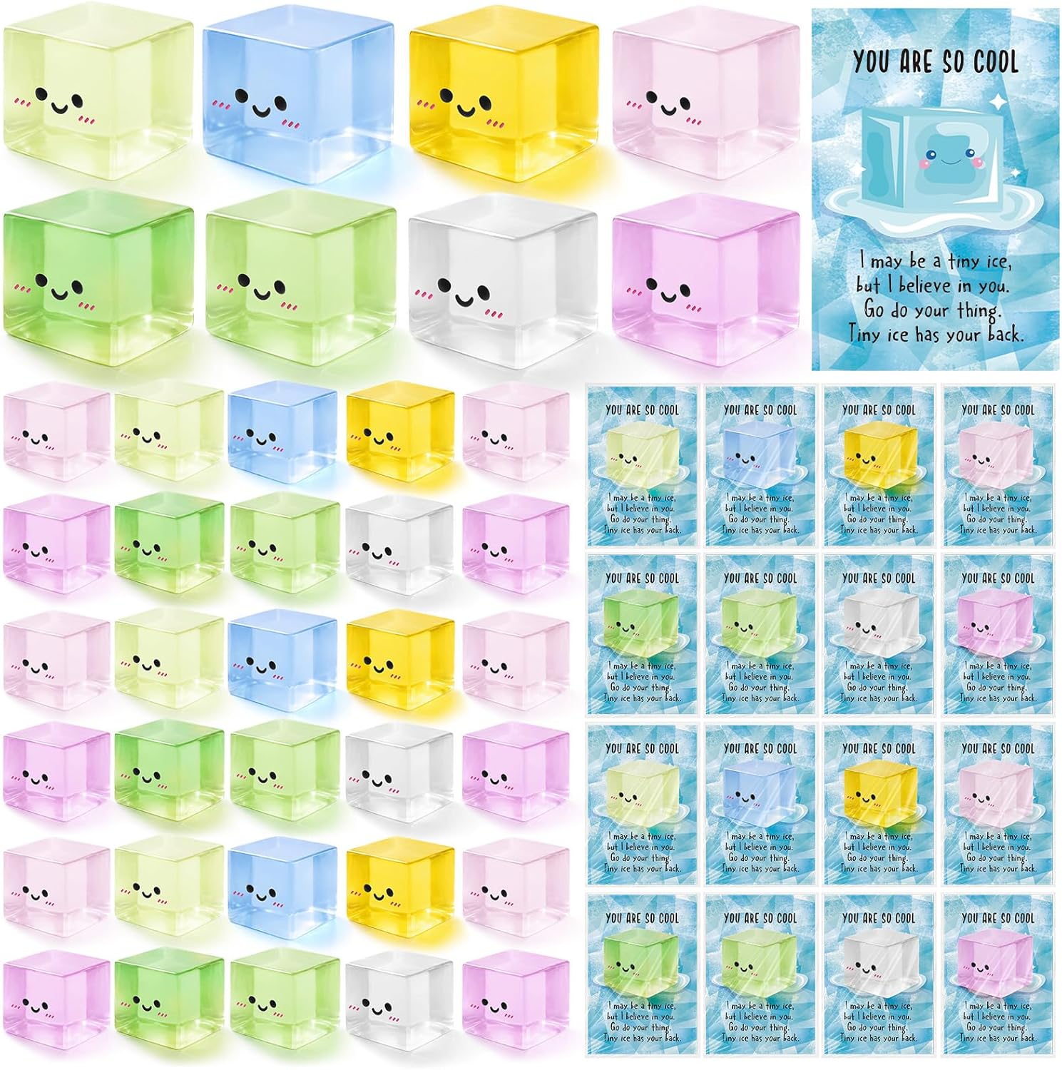 24 Set Ice Cube Stress Ball Gifts Bulk Sensory Fidget Toys Employee Appreciation Gifts Mini Cube Squeeze Anxiety Relief Balls Cute Ice Positive Greeting Cards for Classroom Coworker