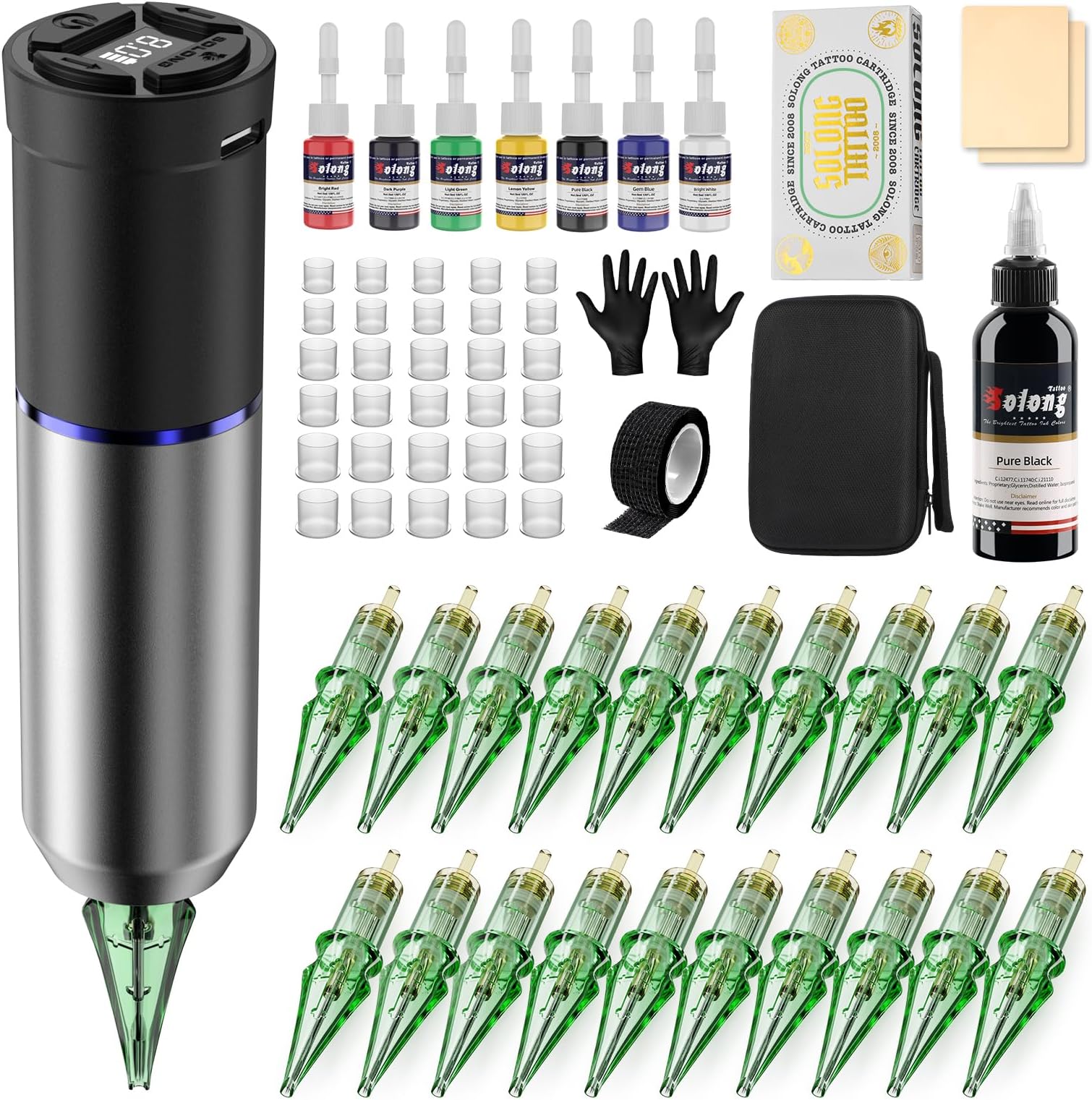 Tattoo Gun Kit,Solong Wireless Tattoo Kit 1600mAh Power 2 Operating Modes with LED Display 20Pcs Assorted Tattoo Needles and Ink Travel Bag Complete Tattoo Supplies SLE72KIT-7
