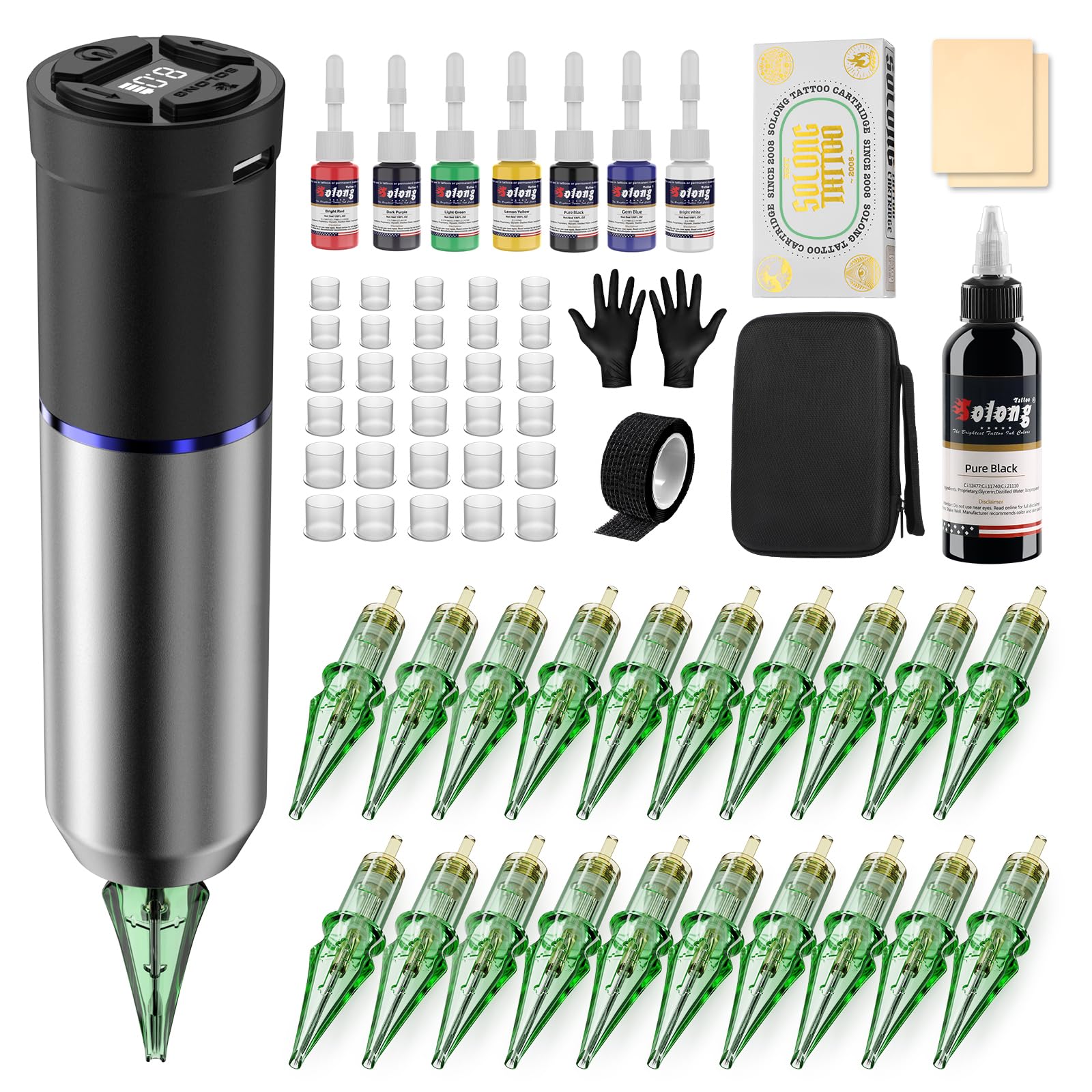 Tattoo Gun Kit,Solong Wireless Tattoo Kit 1600mAh Power 2 Operating Modes with LED Display 20Pcs Assorted Tattoo Needles and Ink Travel Bag Complete Tattoo Supplies SLE72KIT-7