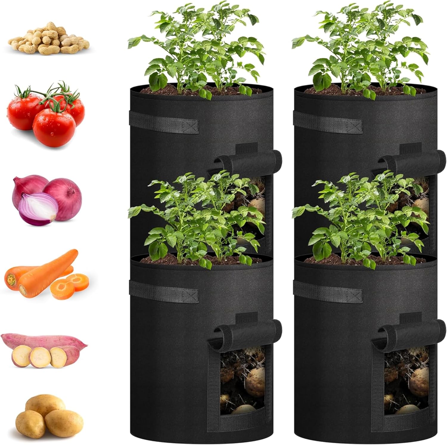 iPower Potato Grow Bags with Flap 10 Gallon 4 Pack, Garden Planting Pot with Durable Handle and Harvest Window, Thickened Nonwoven Fabric Container for Potato, Tomato, Carrot, Vegetable and Fruits