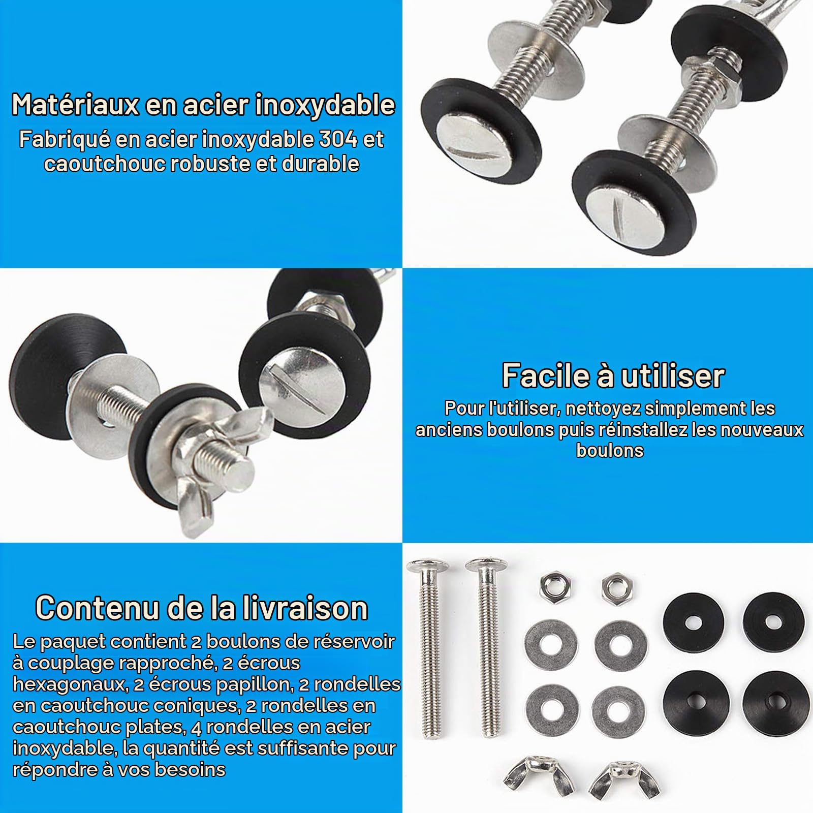 2 Pièces Boulon de Toilette kit Fixation Réservoir WC Boulons de Réservoir de Toilettes à Cuvette Kit de Fixation en Acier Inoxydable