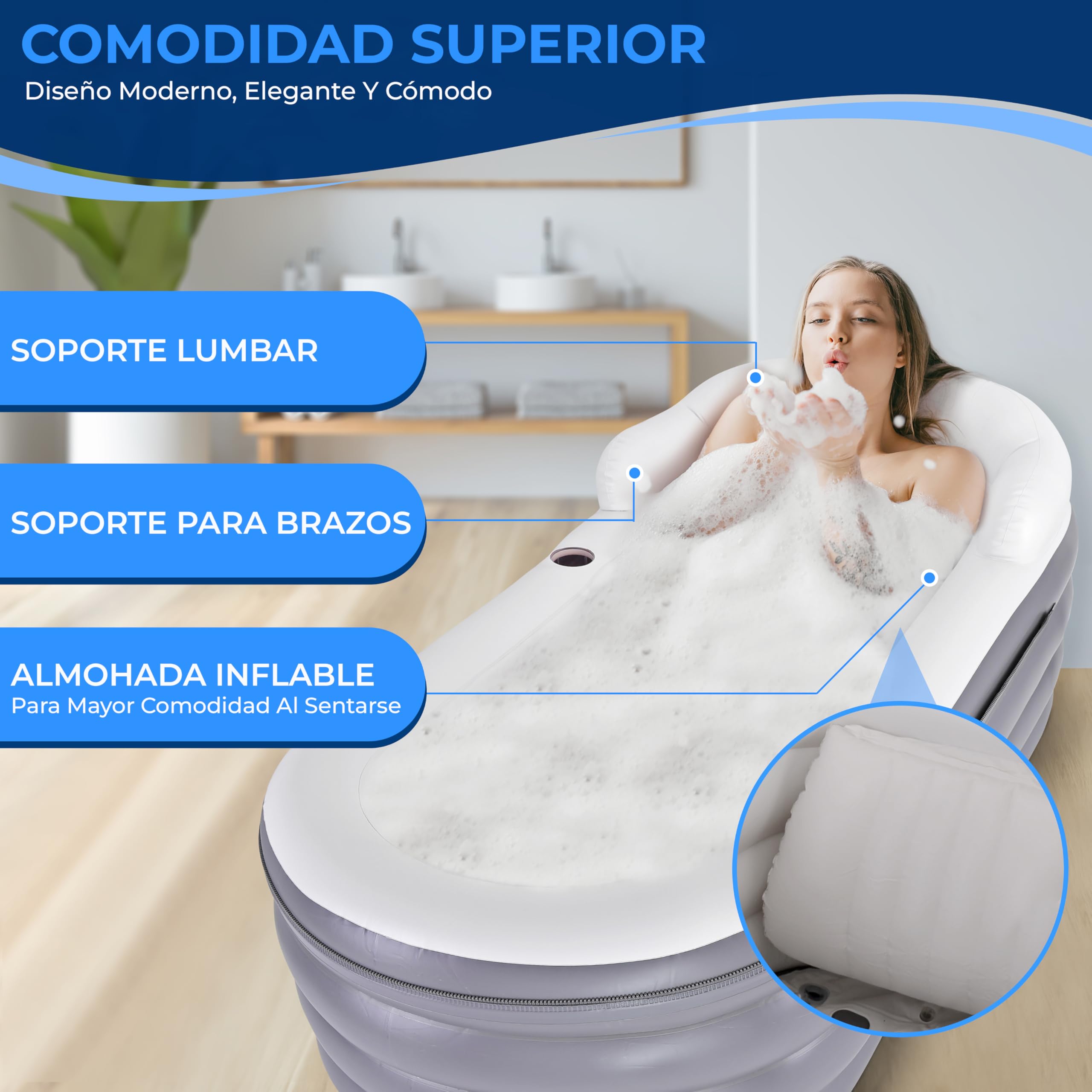 SereneLife bañera hinchable adulto, Con respaldo y reposabrazos, Inflable, Con hidromasaje y colchoneta de burbujas, Incluye cojin, Portavasos y mando para luces LED