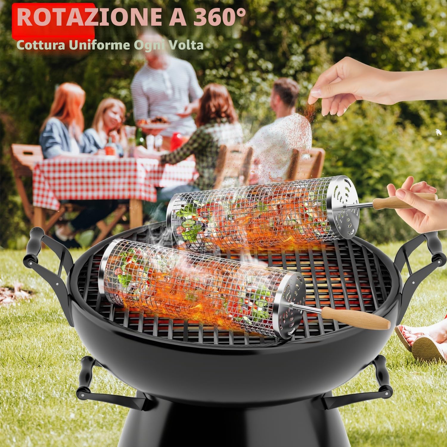 Cestelli per Barbecue in Acciaio Inossidabile Accessori Barbecue (2PCS), Manico in Legno Rimovibile, per Verdure Carne Cibo di Mare, Regali di Compleanno per Uomini, Papà, Marito