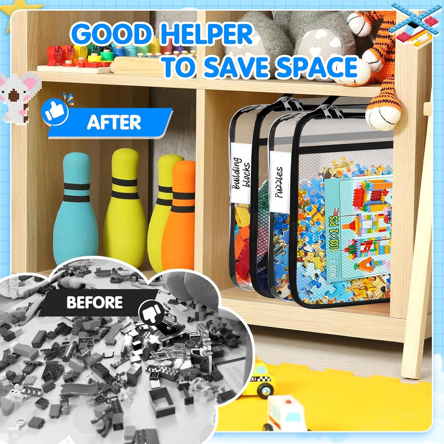 6 Packs Large Toy Storage Bags with Zipper & Mesh Pocket, Reusable Clear PVC Board Game Storage, Travel Waterproof Organizer Bags with Zipper for Building Blocks, Puzzle, Books, 14.56x11.02x3.15inch