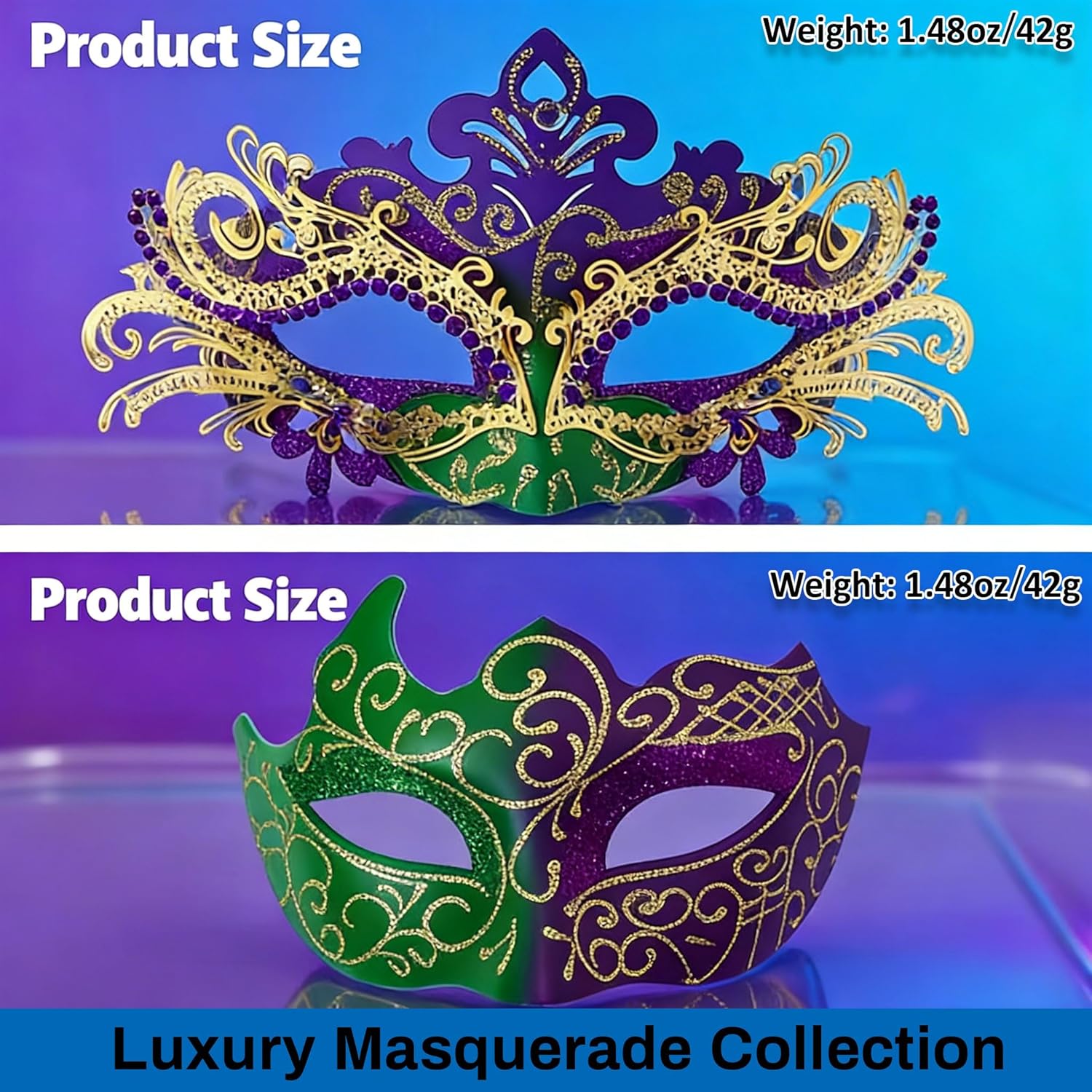 Masquerade Masks For Couples, Venetian Style Masks For Mardi Gras Decorations, Women & Men Masks For Costume Party, Prom & Carnival (Green Purple) - Image 3