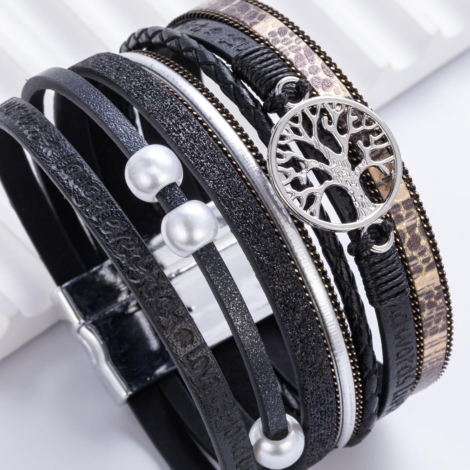 FANCY SHINY Tree of Life Leather Wrap Bracelet Inspirational Cuff Bangles Boho Pearl Bracelets with Magnetic Clasp Unique Jewelry Gifts for Women - Image 5