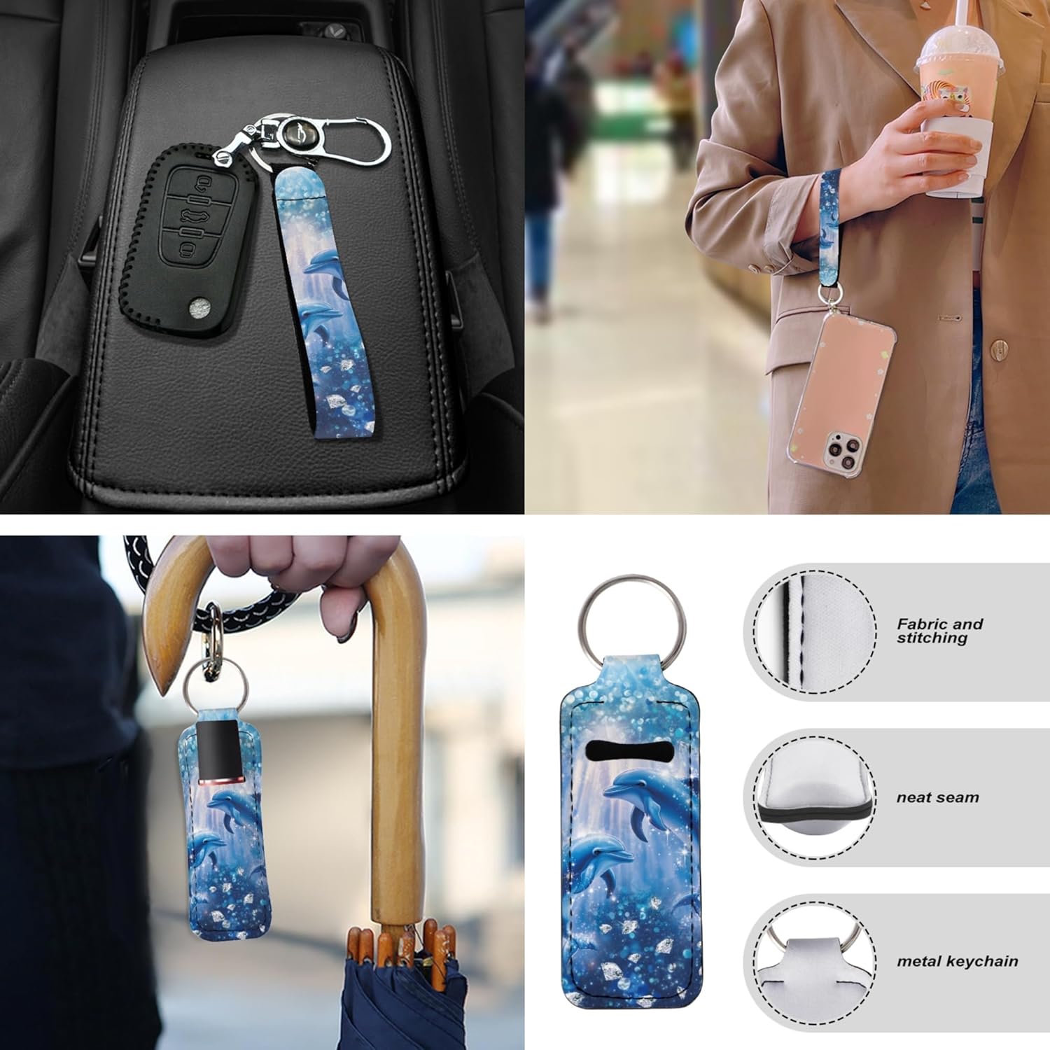 Cute Dolphin Car Seat Cover Full Set of 13 Steering Wheel Cover Seatbelt Pad Armrest Cover Cushion Coasters Key Chain for SUV Van Truck, Blue Automobile Accessory Decor Interior Sets