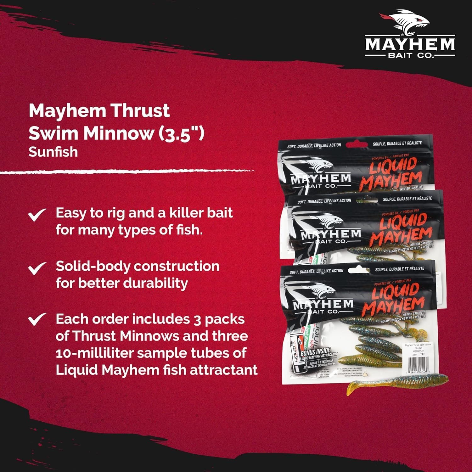 Liquid Mayhem Thrust Swim Minnow, 3.5"& 5" Soft Plastic Paddle Tail Lures – Easy to Rig with Realistic Swimming Action – Includes Bonus 10ml Attractant Gel