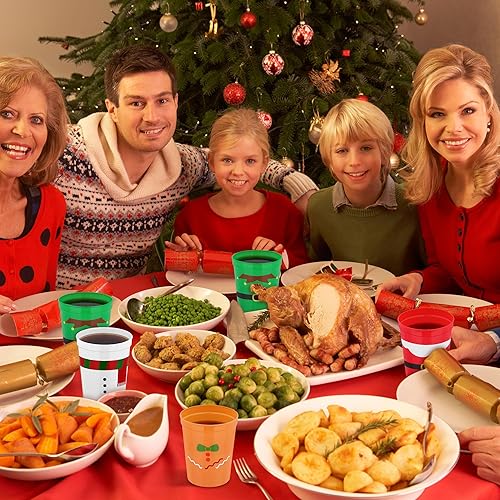 Miniatura 5 de 60 vasos de plástico de Navidad para fiestas, vasos de plástico de 16 onzas, vasos desechables para estadio, cinturón de Papá Noel, vasos de