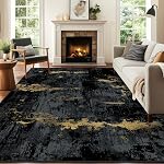RELEANY Area Rugs 6'x9' Washable Rug for Living Room Modern Abstract Indoor Non-Slip Low Pile Soft Carpet for Bedroom Home Entryway, Print Pattern, Dark Black Gold