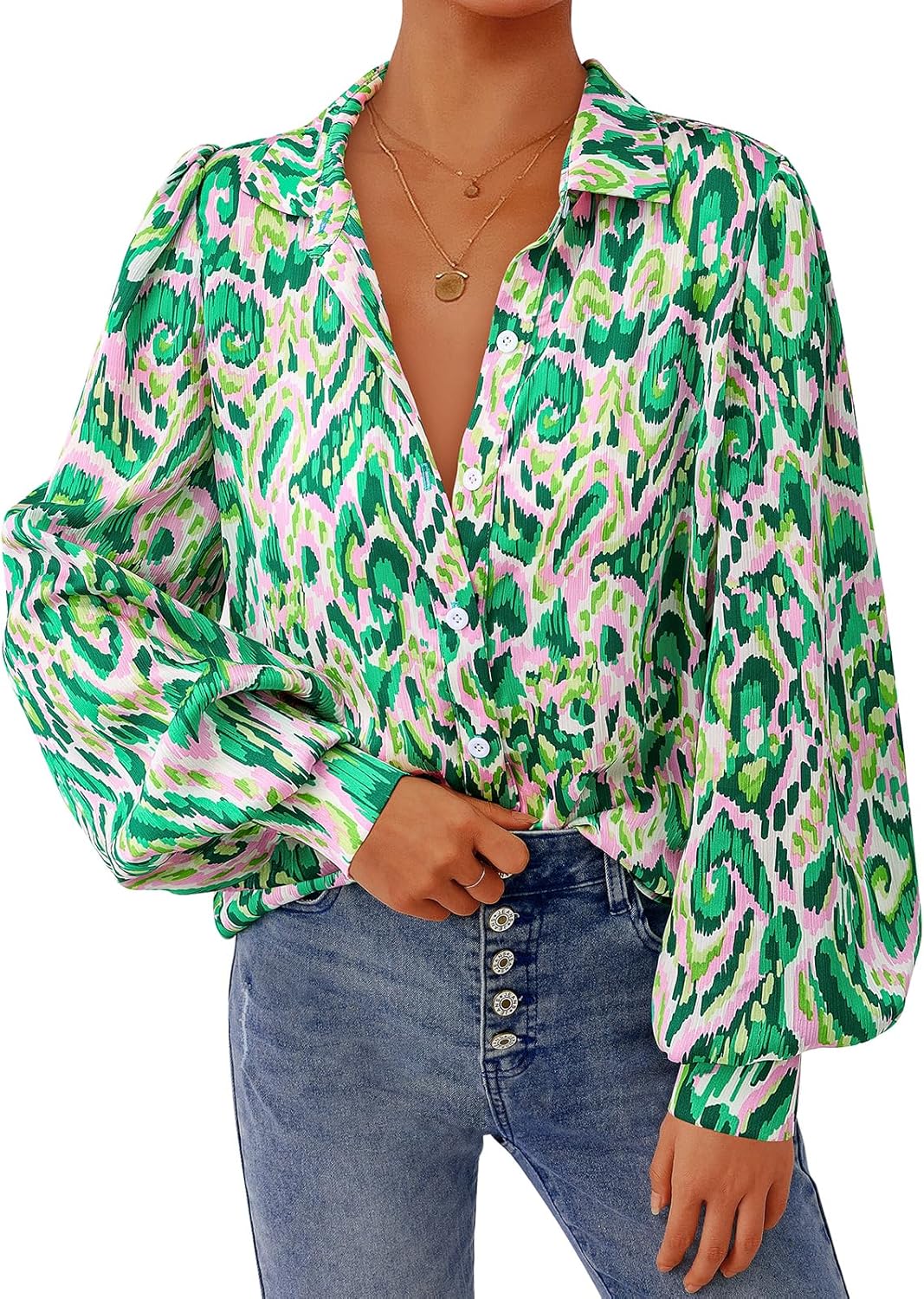 PRETTYGARDEN Women's Floral Blouses Dressy Casual V Neck Button Down Shirts Lantern Long Sleeve Boho Chiffon Spring Tops 2026