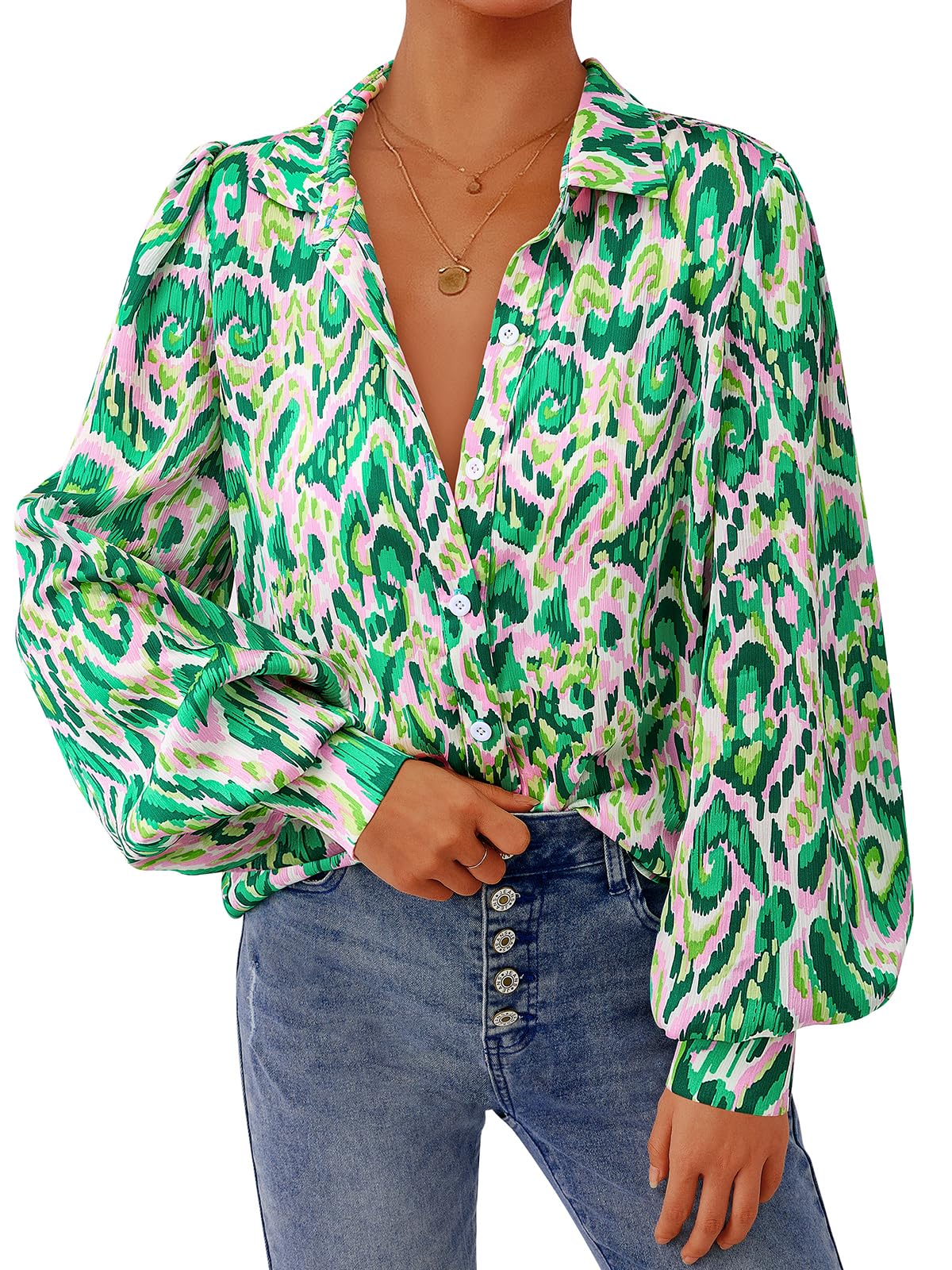 PRETTYGARDENWomen's Floral Blouses Dressy Casual V Neck Button Down Shirts Lantern Long Sleeve Boho Chiffon Fall Tops 2025