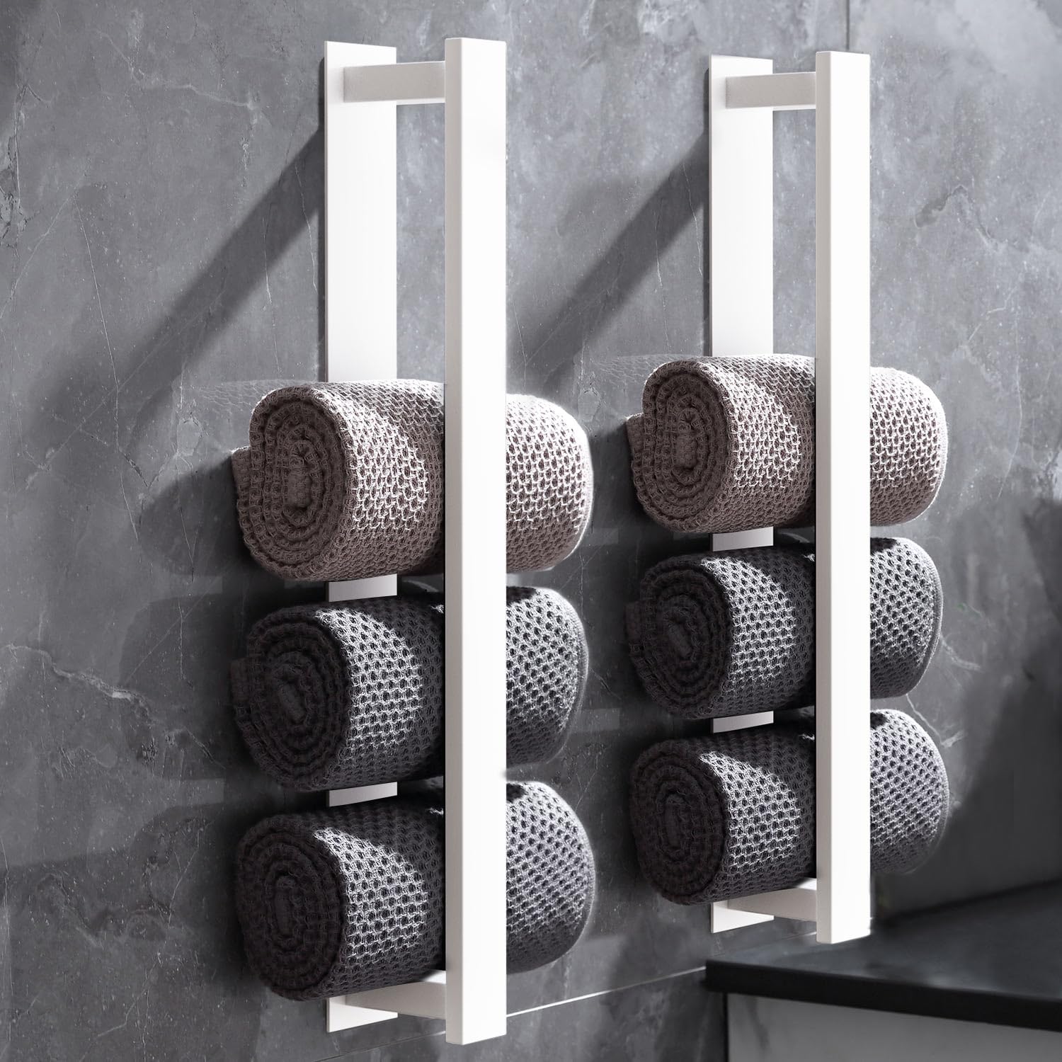 Lot de 2 porte-serviettes autocollants muraux sans perçage - 40 cm - En acier inoxydable - À coller sur les accessoires de salle de bain/cuisine (blanc)